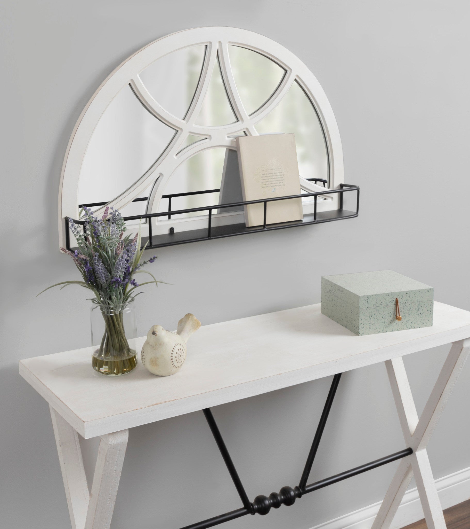 Hollowday Wood Framed Arched Wall Mirror with Shelf