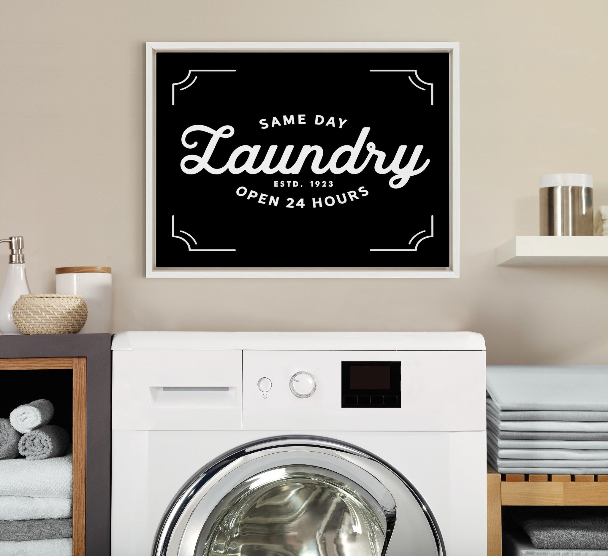 Sylvie Same Day Laundry Co Black Framed Canvas by Maggie Price