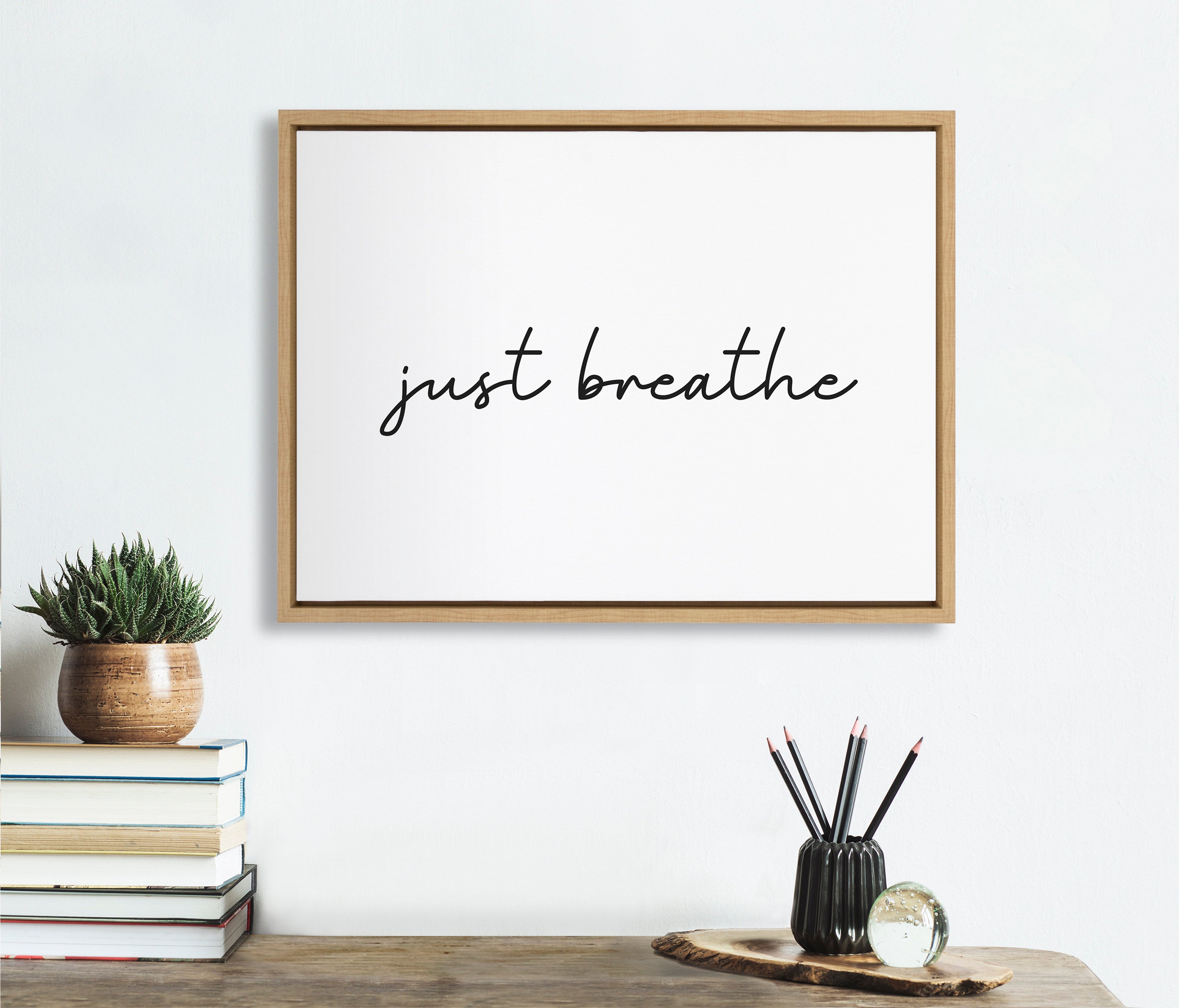 Sylvie Just Breathe Horizontal BW Framed Canvas by The Creative Bunch Studio