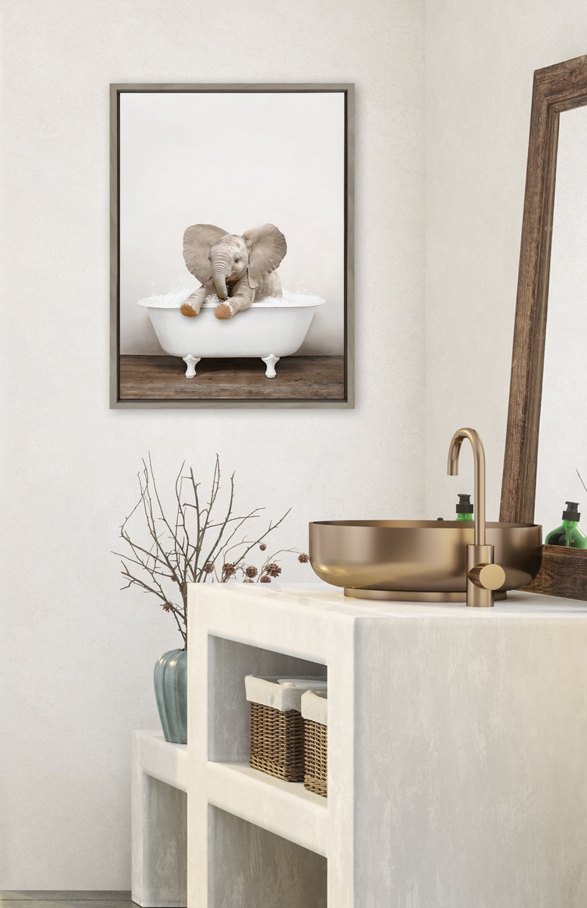 Sylvie Baby Elephant No 6 in Rustic Bath Framed Canvas by Amy Peterson Art Studio