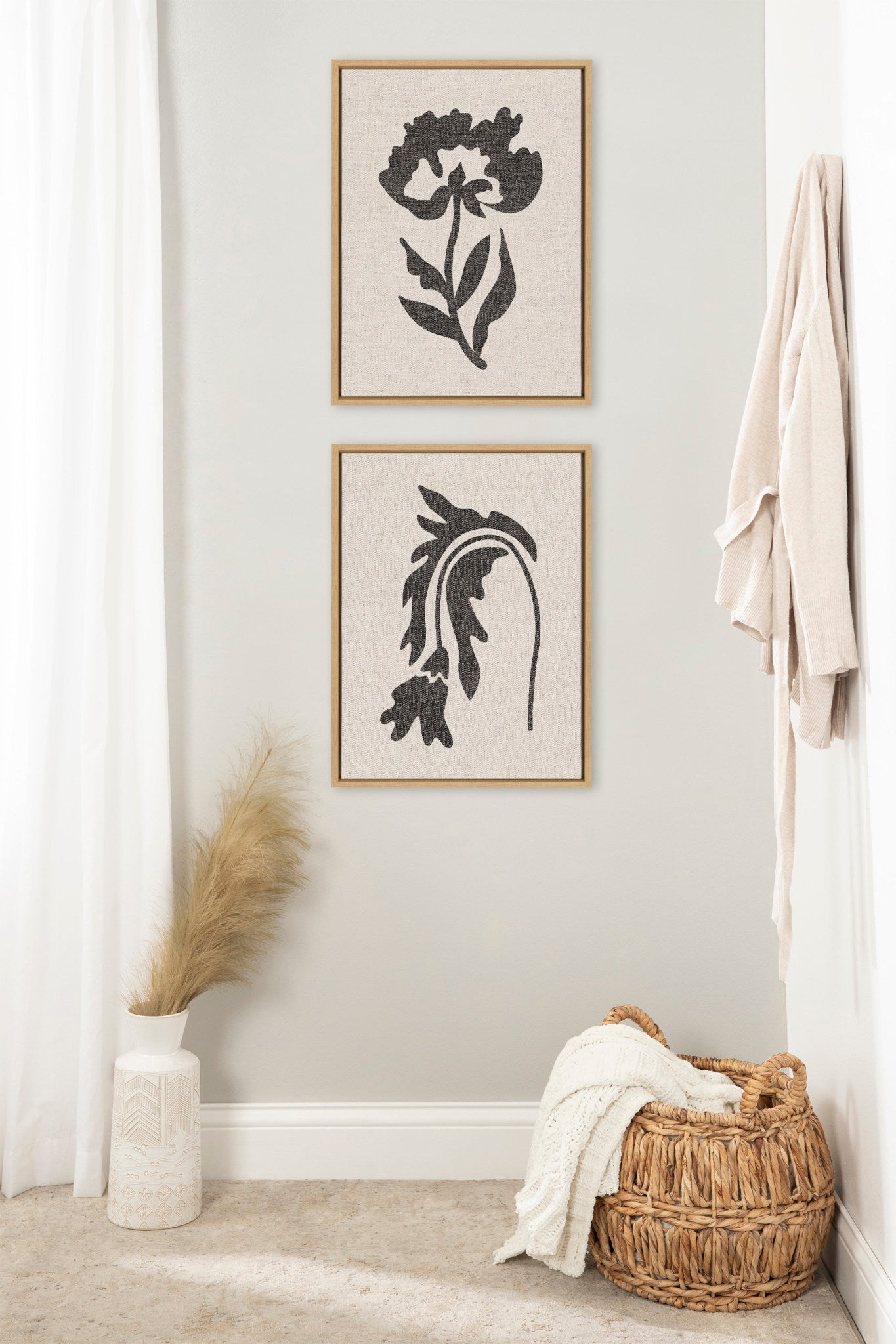 Sylvie Scandi Botanical 2 and 3 Neutral Textured Linen Framed Canvas Art Set by The Creative Bunch Studio