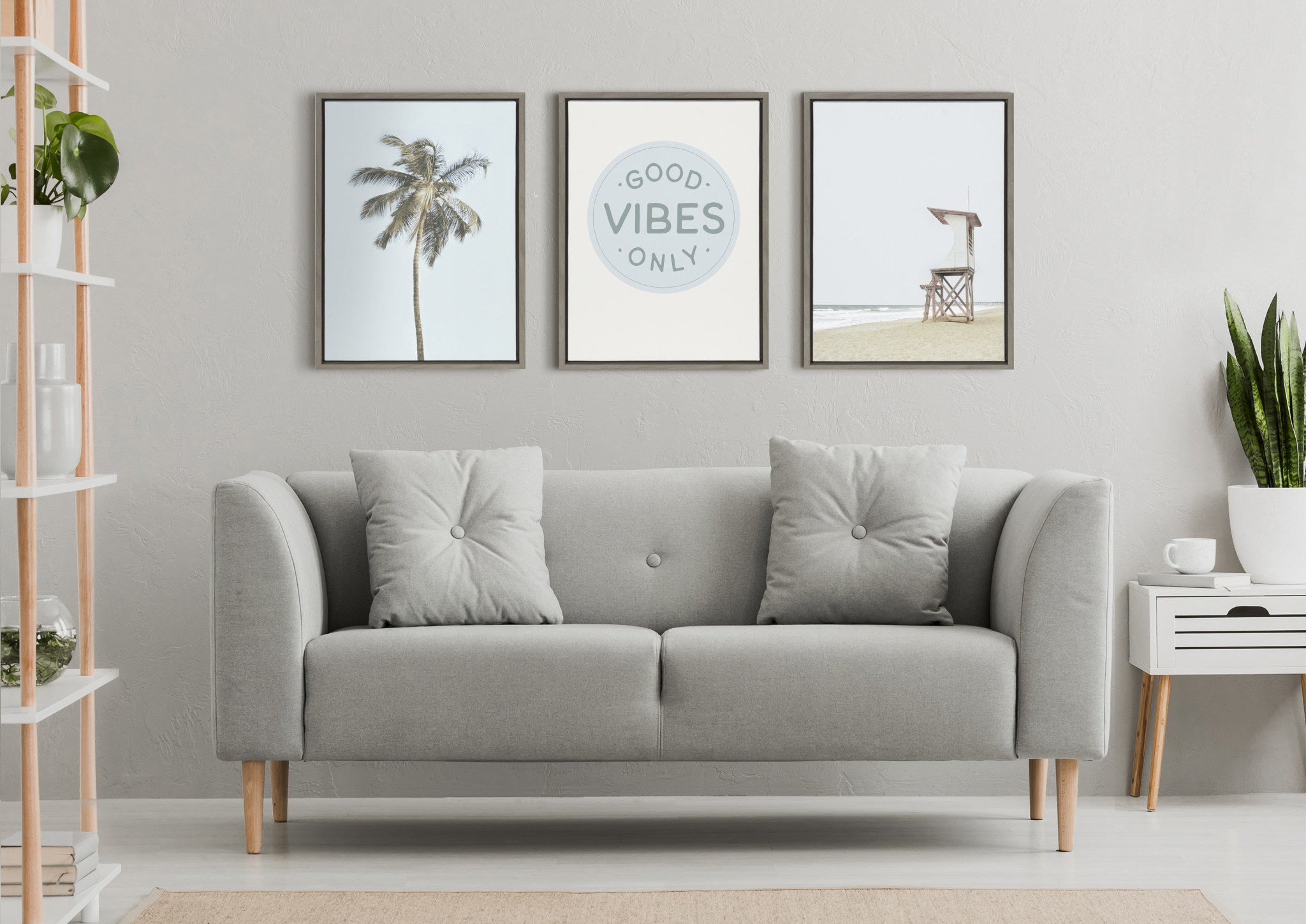 Sylvie Good Vibes Only Pale Blue Button Framed Canvas by The Creative Bunch Studio