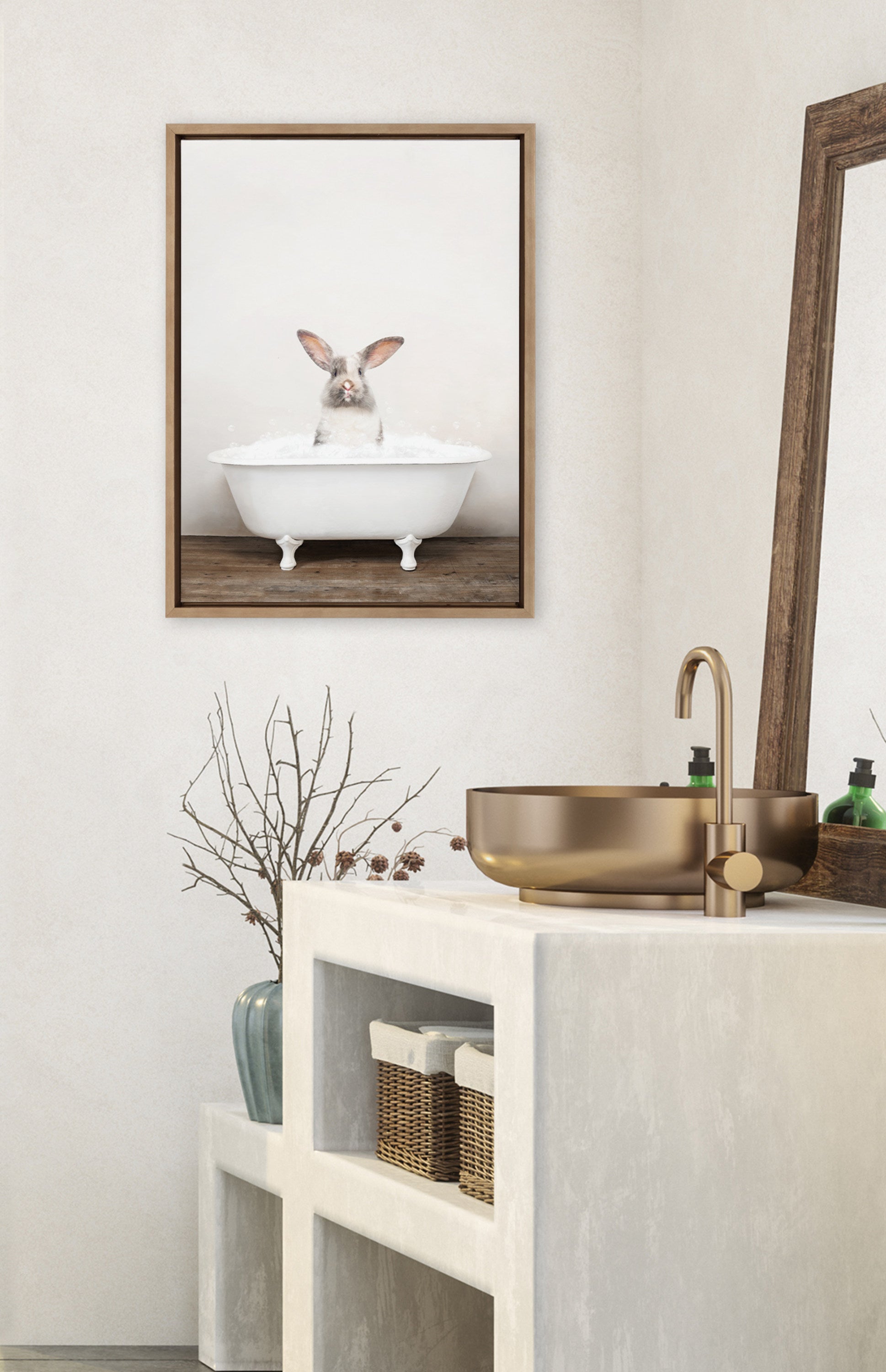 Sylvie Bunny in Rustic Bath Framed Canvas by Amy Peterson Art Studio