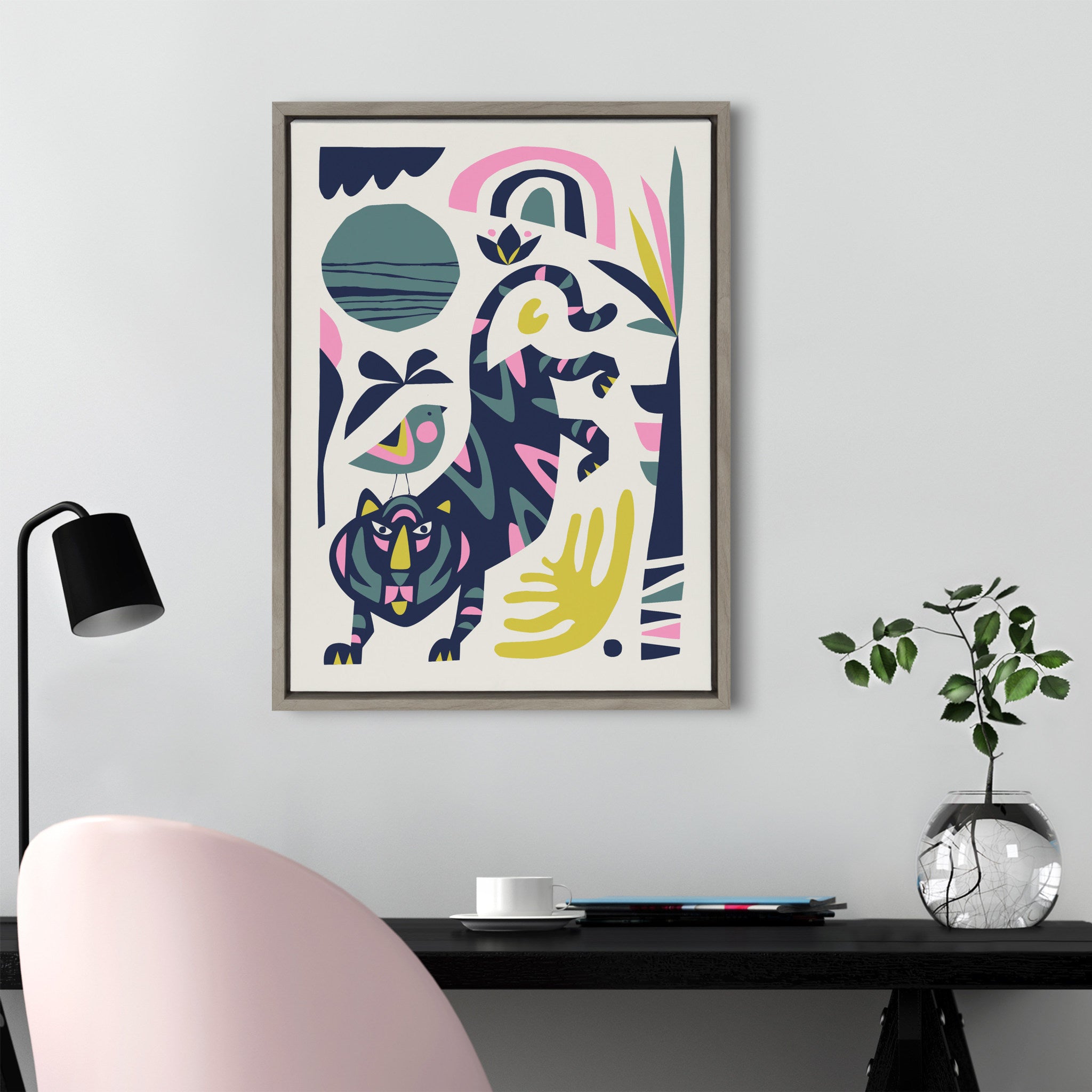 Sylvie Mid Century Modern Tiger and Bird Framed Canvas by Rachel Lee of My Dream Wall