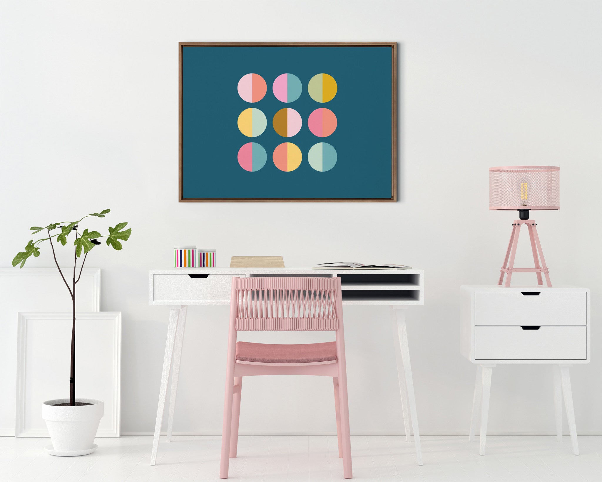 Sylvie Circles In Blue Framed Canvas by Apricot and Birch