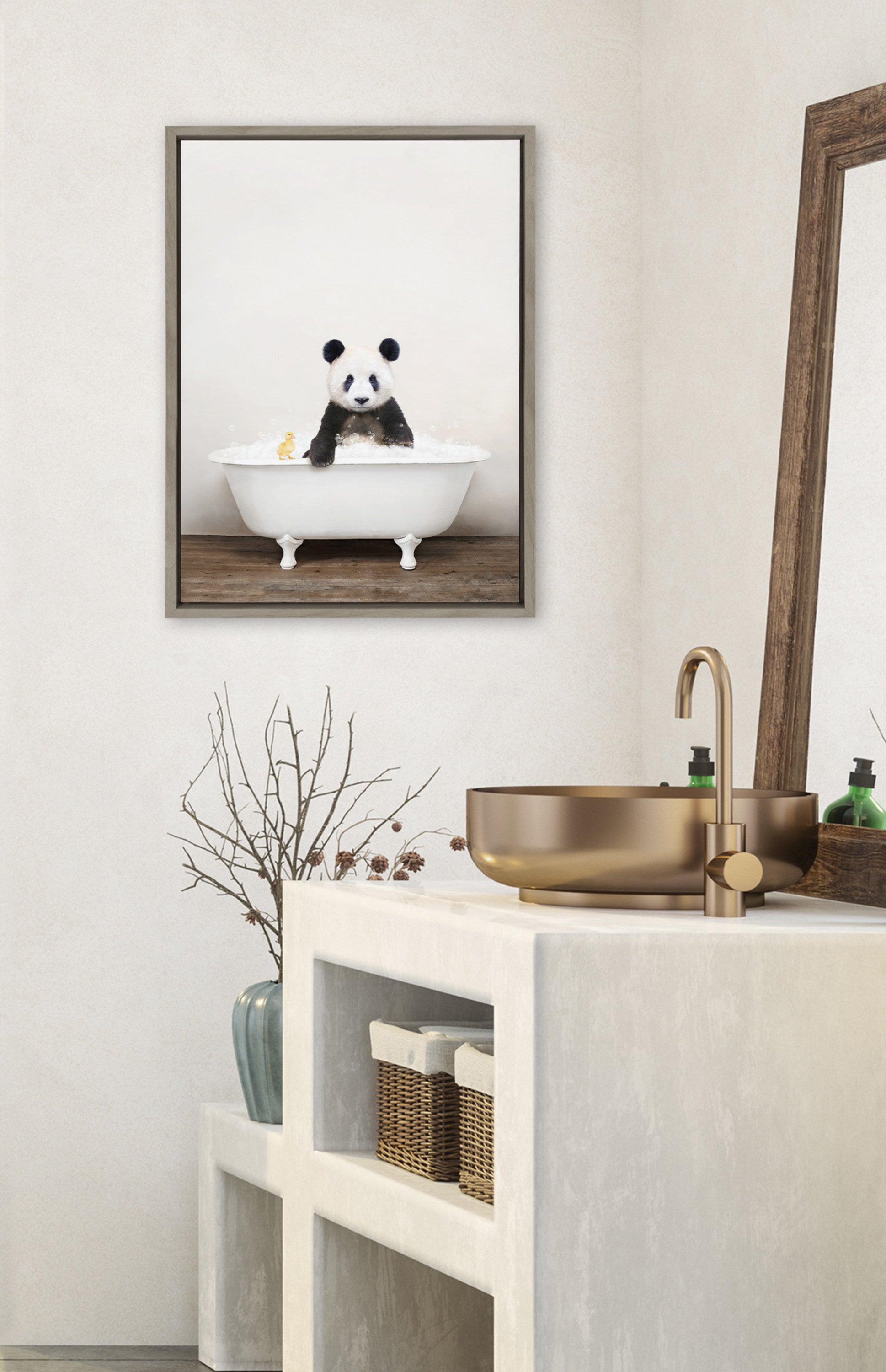 Sylvie Panda Waving in Rustic Bath Framed Canvas by Amy Peterson Art Studio
