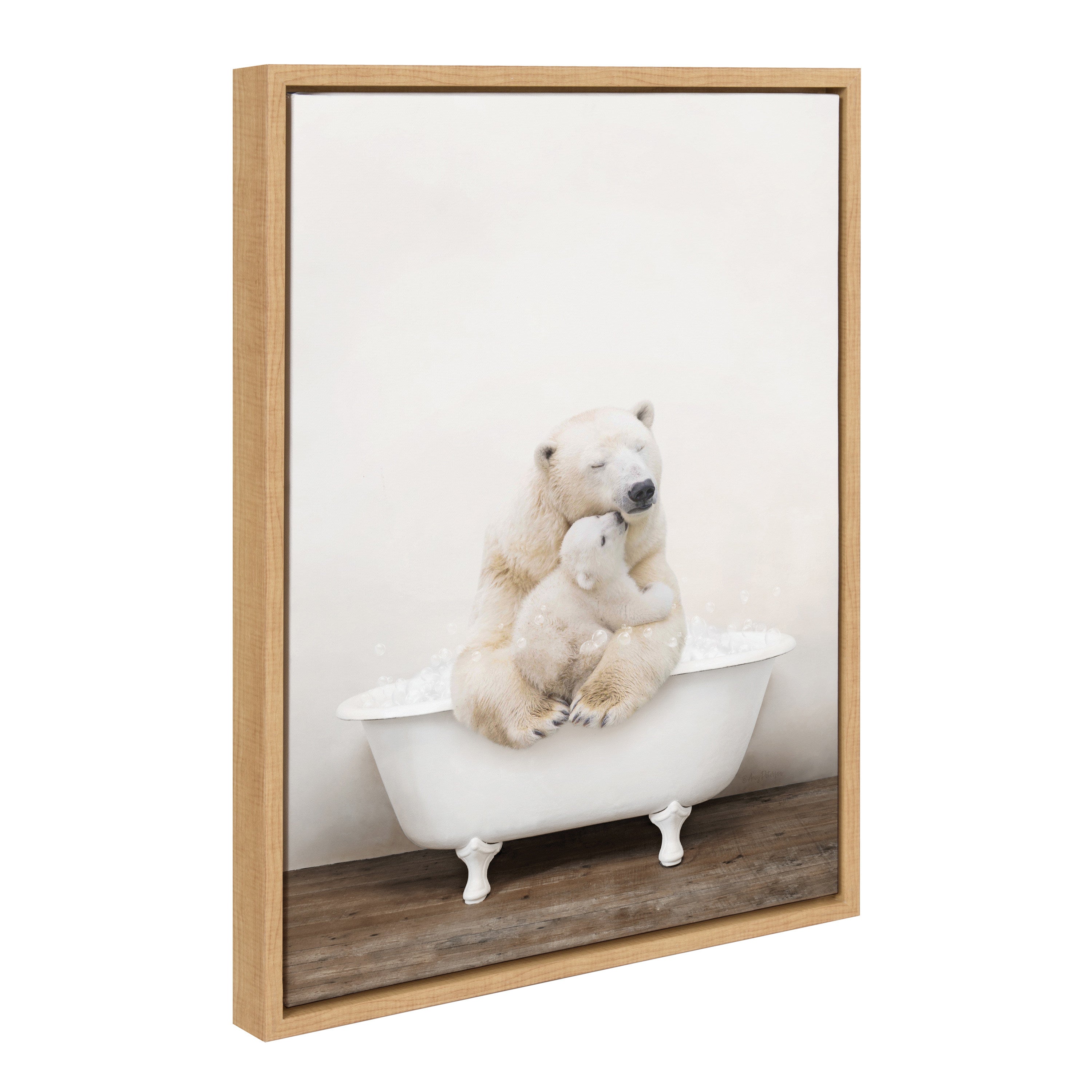 Sylvie Mother and Baby Polar Bear in Rustic Bath Framed Canvas by Amy Peterson Art Studio