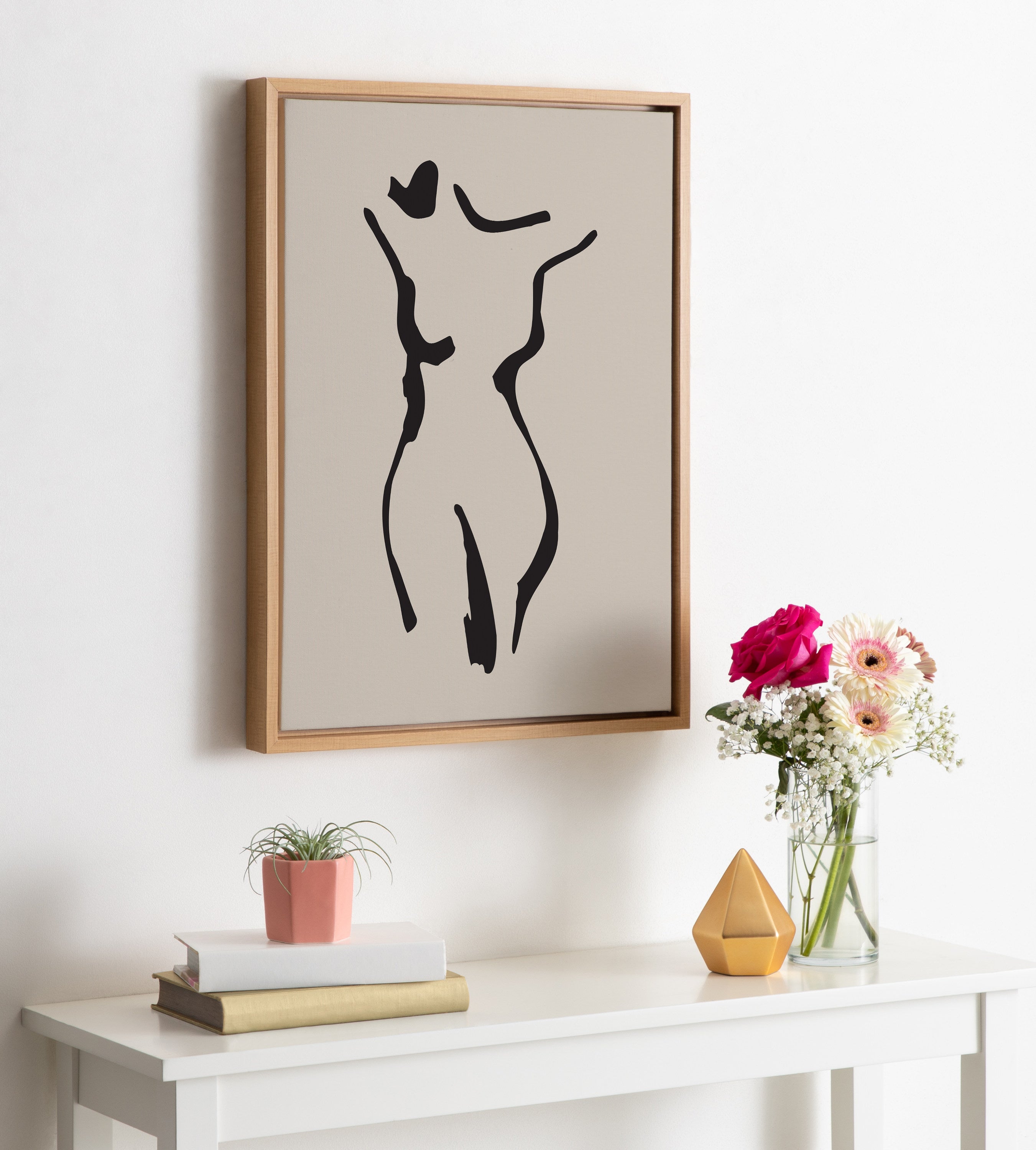 Sylvie Minimalist Neutral Line Art Drawing Body Framed Canvas by The Creative Bunch Studio