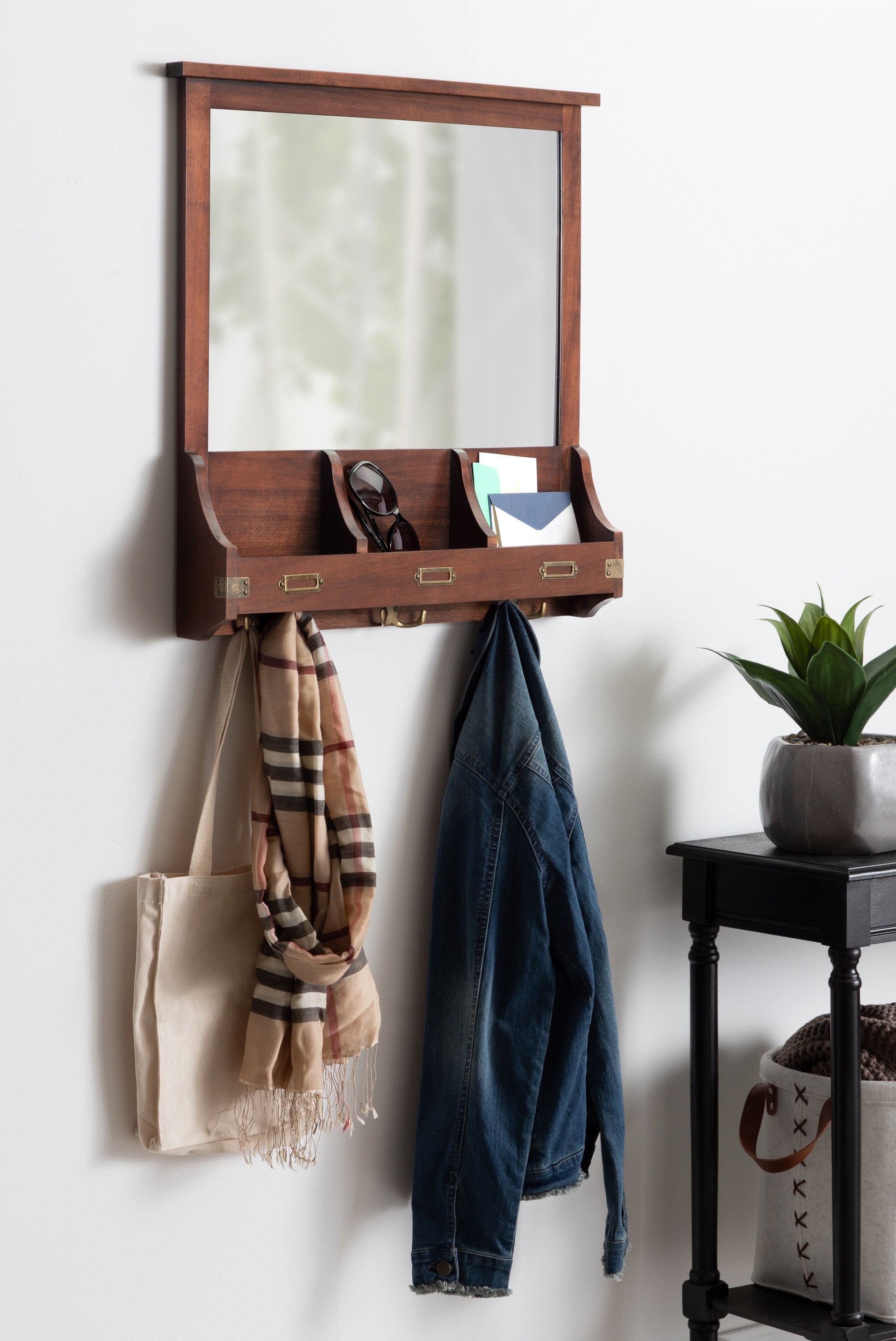 Entryway Mirror Mirror Multi Hook Wall Shelf Industrial Wood Metal