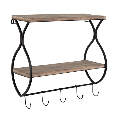 Spurling Wood and Metal Floating Wall Shelf with Hooks