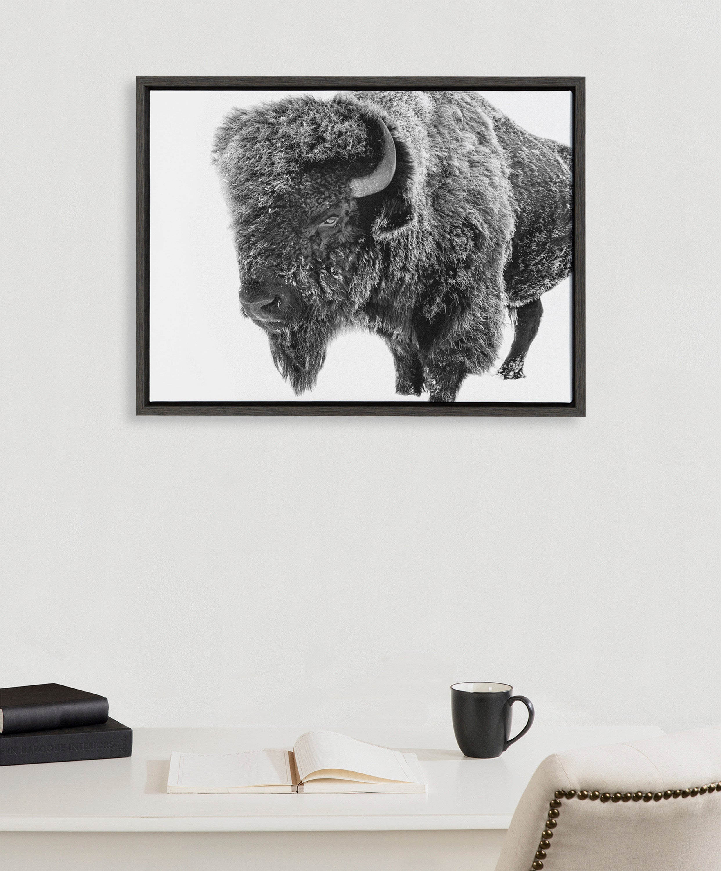 Sylvie Bison in Snow Black and White Framed Canvas by Amy Peterson Art Studio