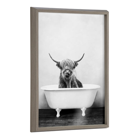 Blake Highland Cow in the Tub BW Framed Printed Glass by Amy Peterson Art Studio