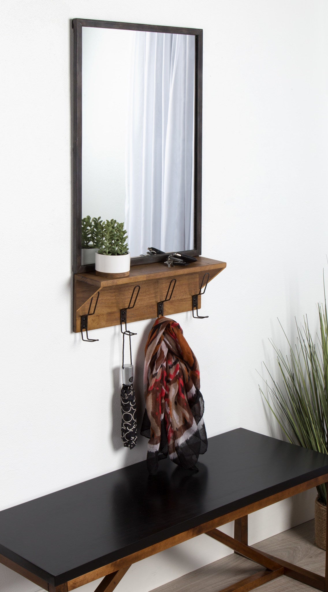 Coburn Metal Mirror with Wood Shelf and Hooks