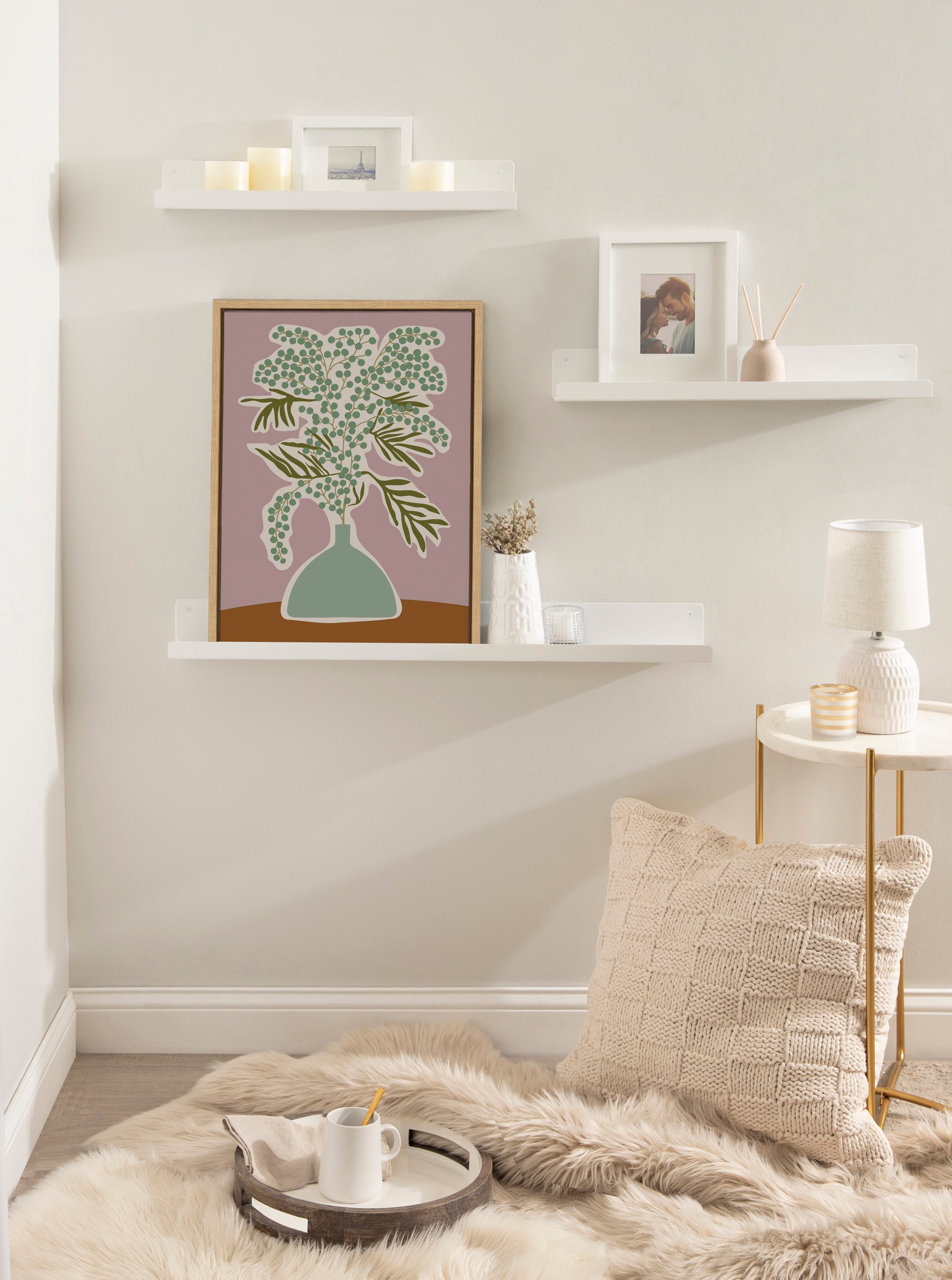 Sylvie Expressive Abstract House Plant Green on Pink Framed Canvas by The Creative Bunch Studio