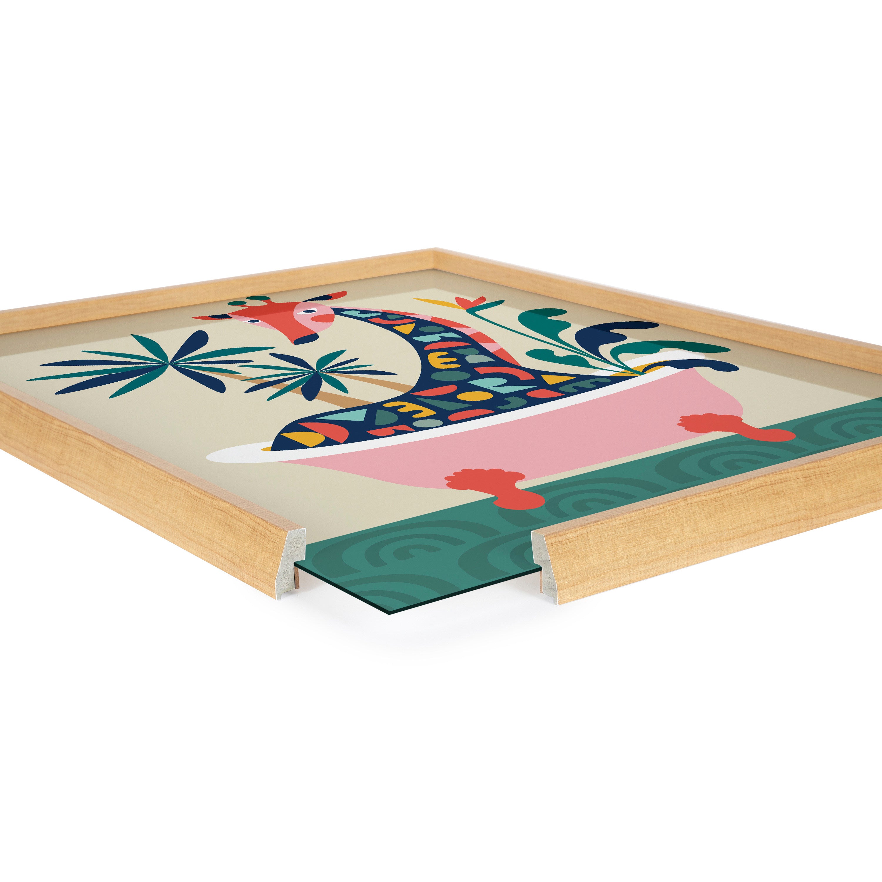 Blake Mid Century Modern Giraffe in Bathtub Framed Printed Glass by Rachel Lee of My Dream Wall