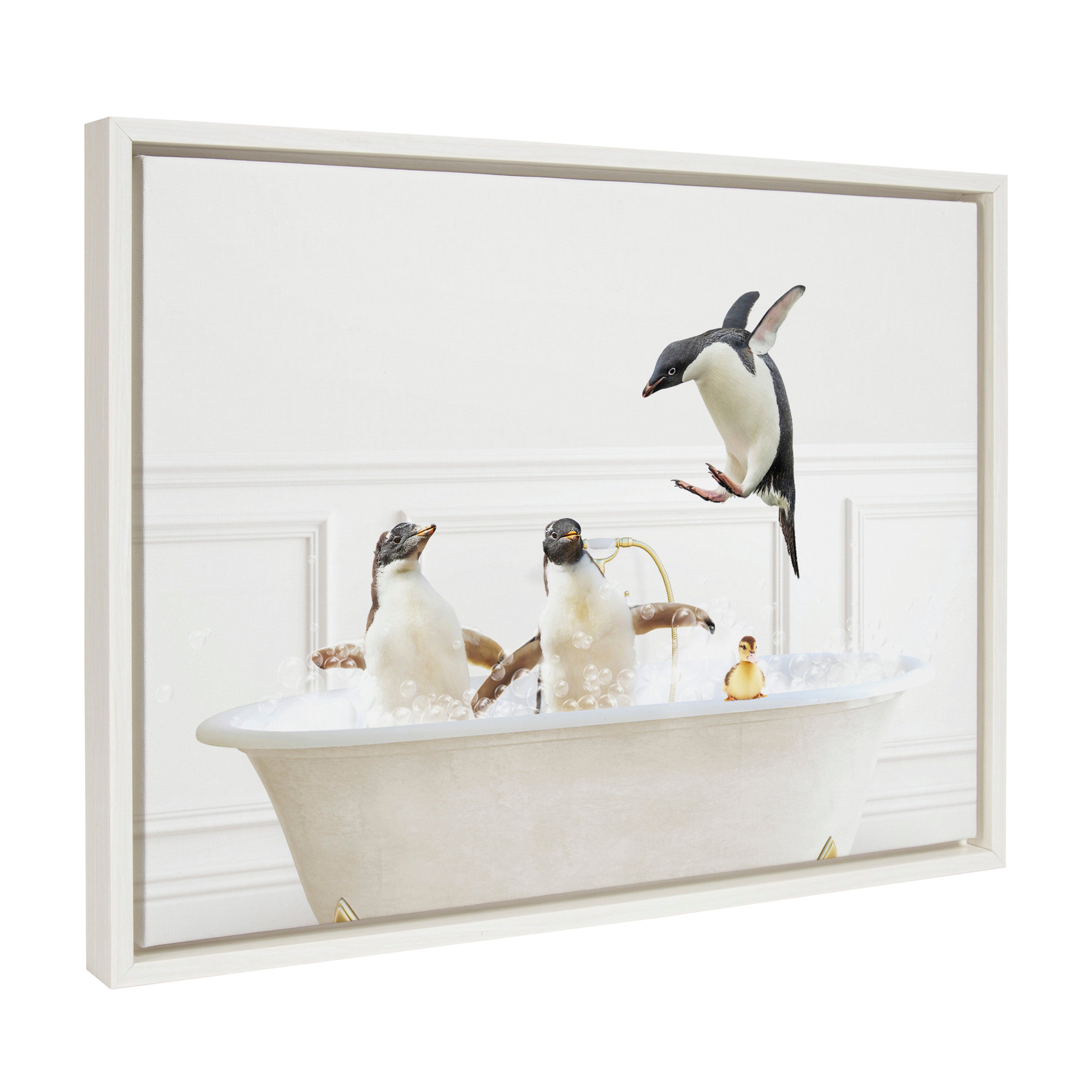 Sylvie Penguins In Bubble Bath Neutral Style Framed Canvas by Amy Peterson Art Studio