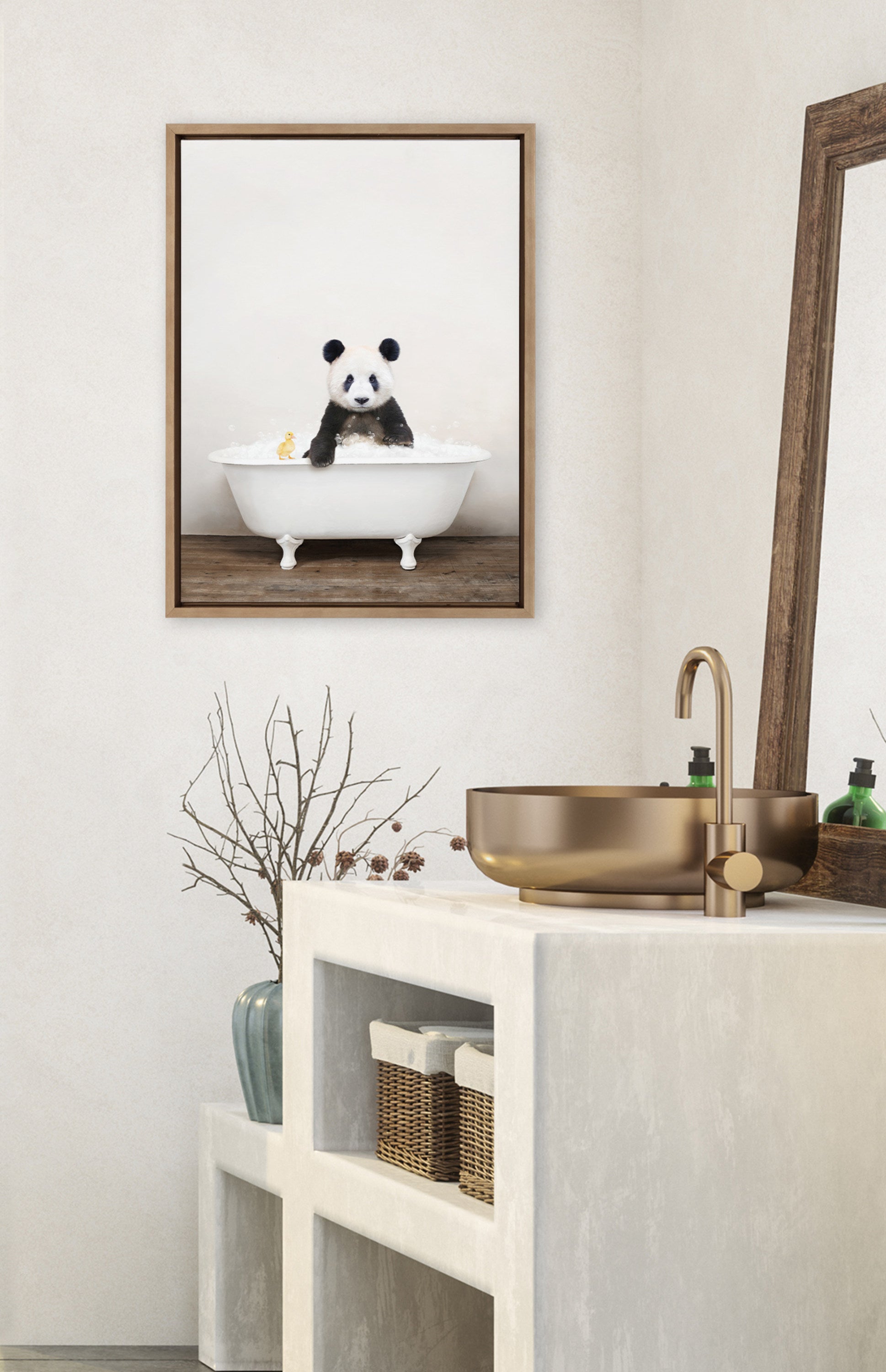 Sylvie Panda Waving in Rustic Bath Framed Canvas by Amy Peterson Art Studio