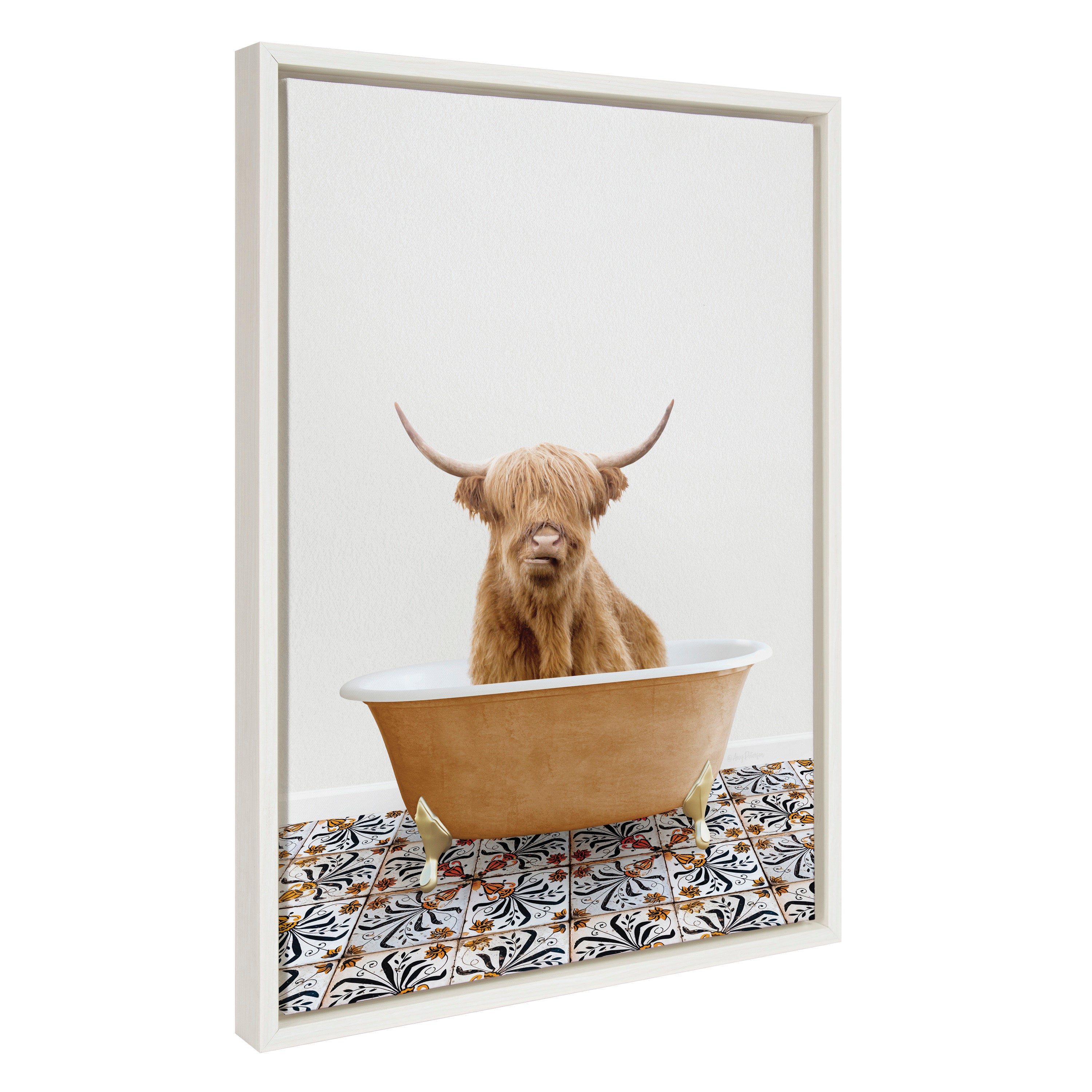 Sylvie Highland Cow In Mediterranean Bath Framed Canvas by Amy Peterson Art Studio