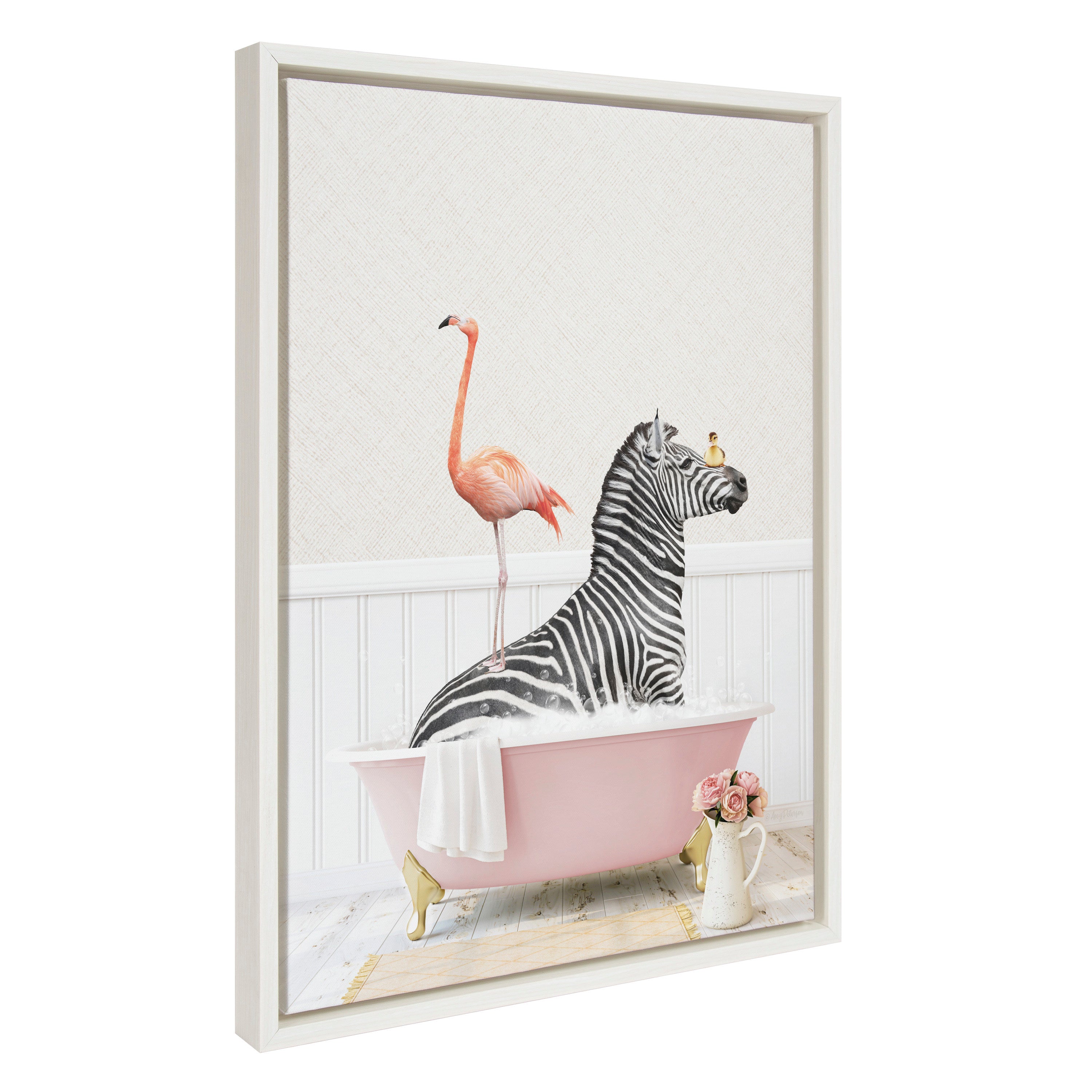 Sylvie Zebra and Flamingo in Cottage Rose Bath Framed Canvas by Amy Peterson Art Studio