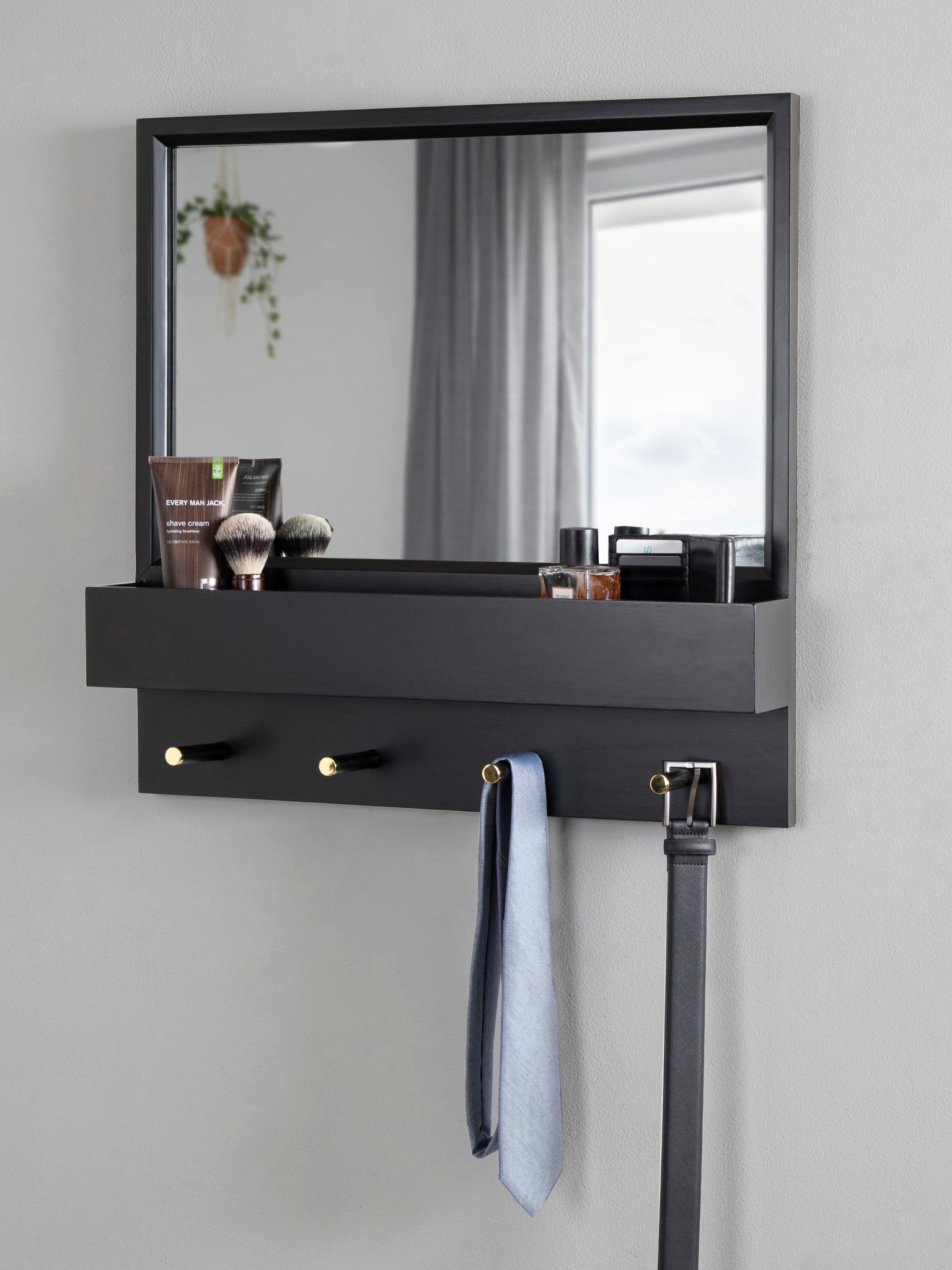 Milley Wall Mirror with Pocket Shelf and Pegs