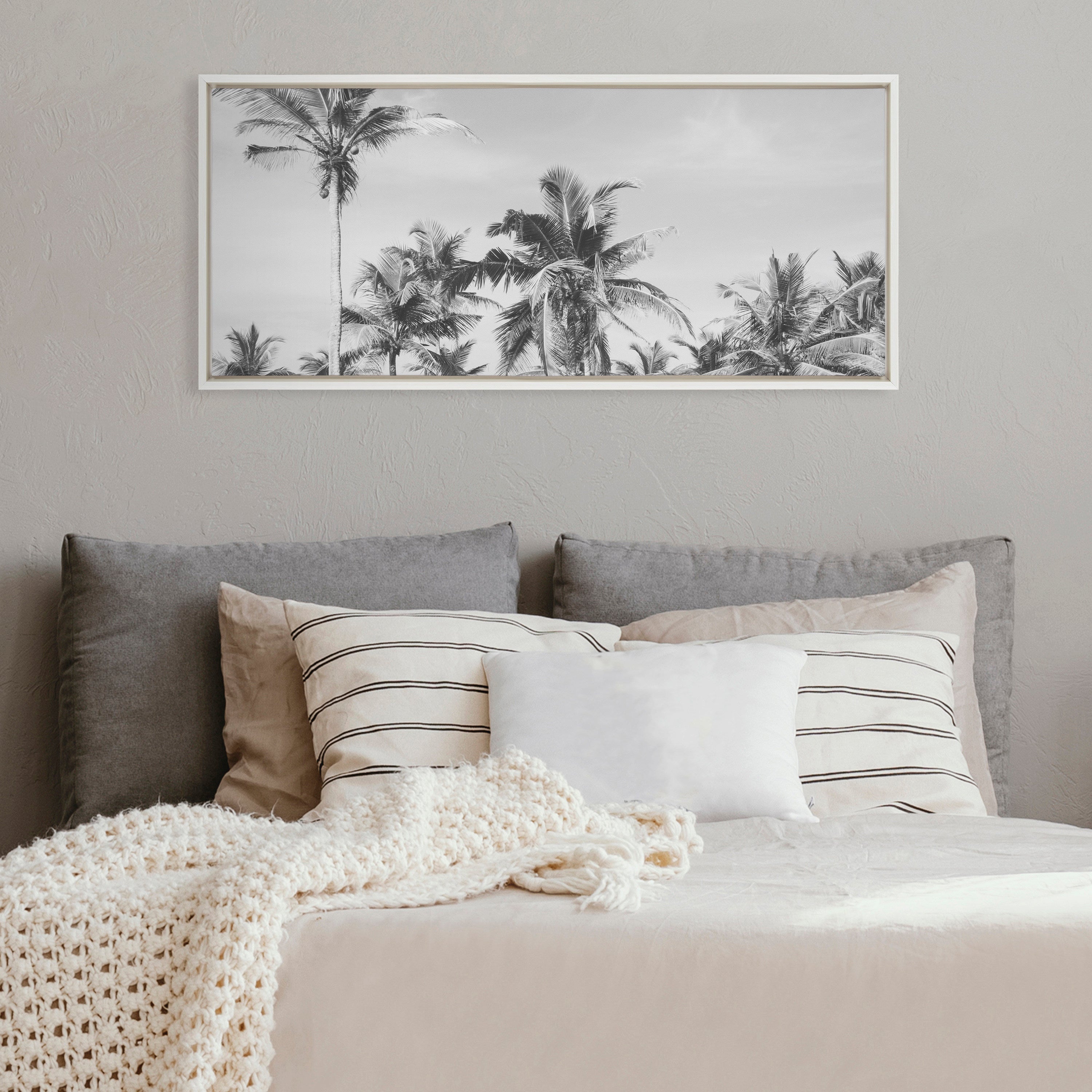 Sylvie Coastal Coconut Palm Tree Beach BW Framed Canvas by The Creative Bunch Studio