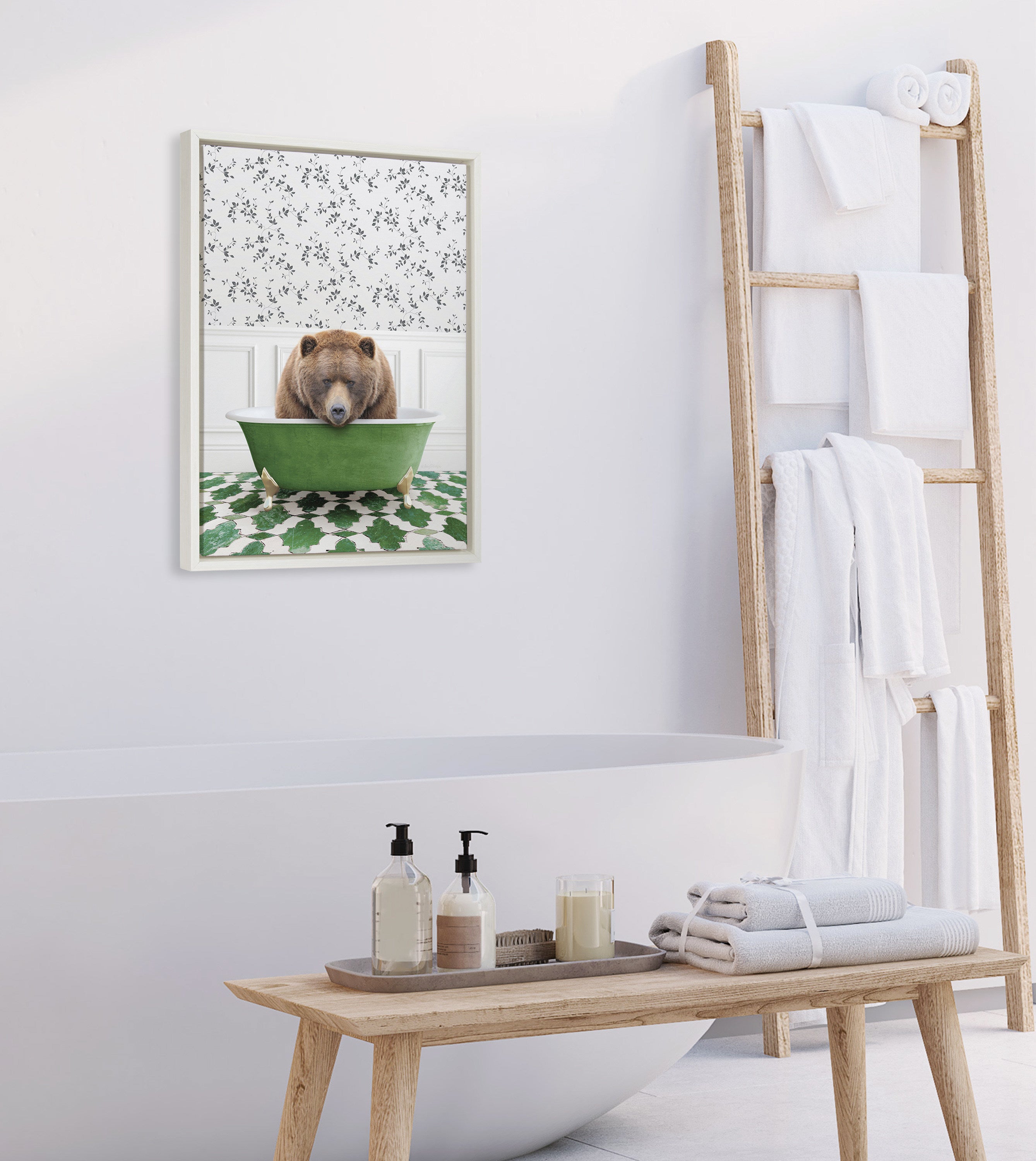 Sylvie Big Bear In Eclectic Green Bath Framed Canvas by Amy Peterson Art Studio