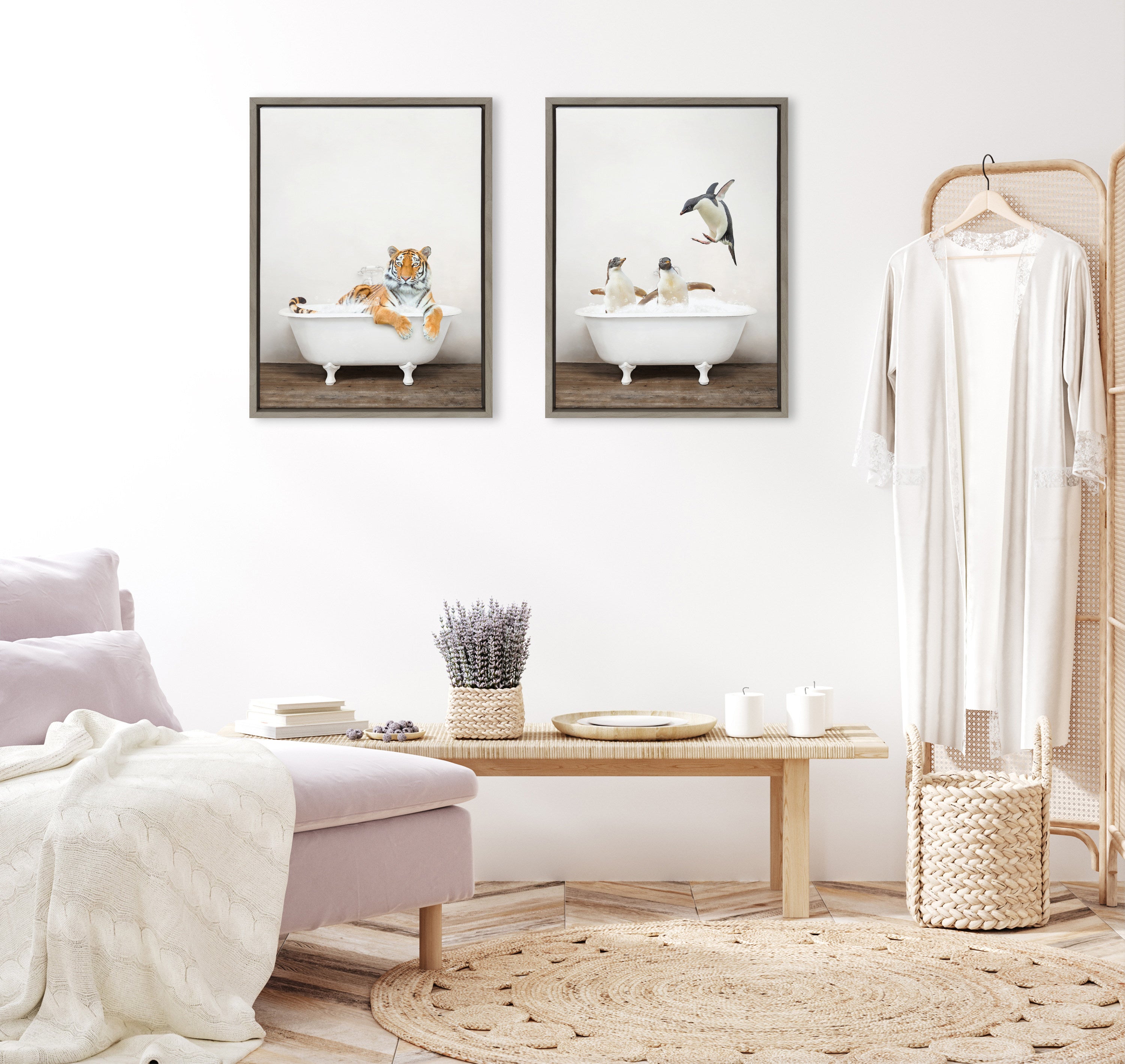 Sylvie Penguins Playing in Rustic Bath Framed Canvas by Amy Peterson Art Studio