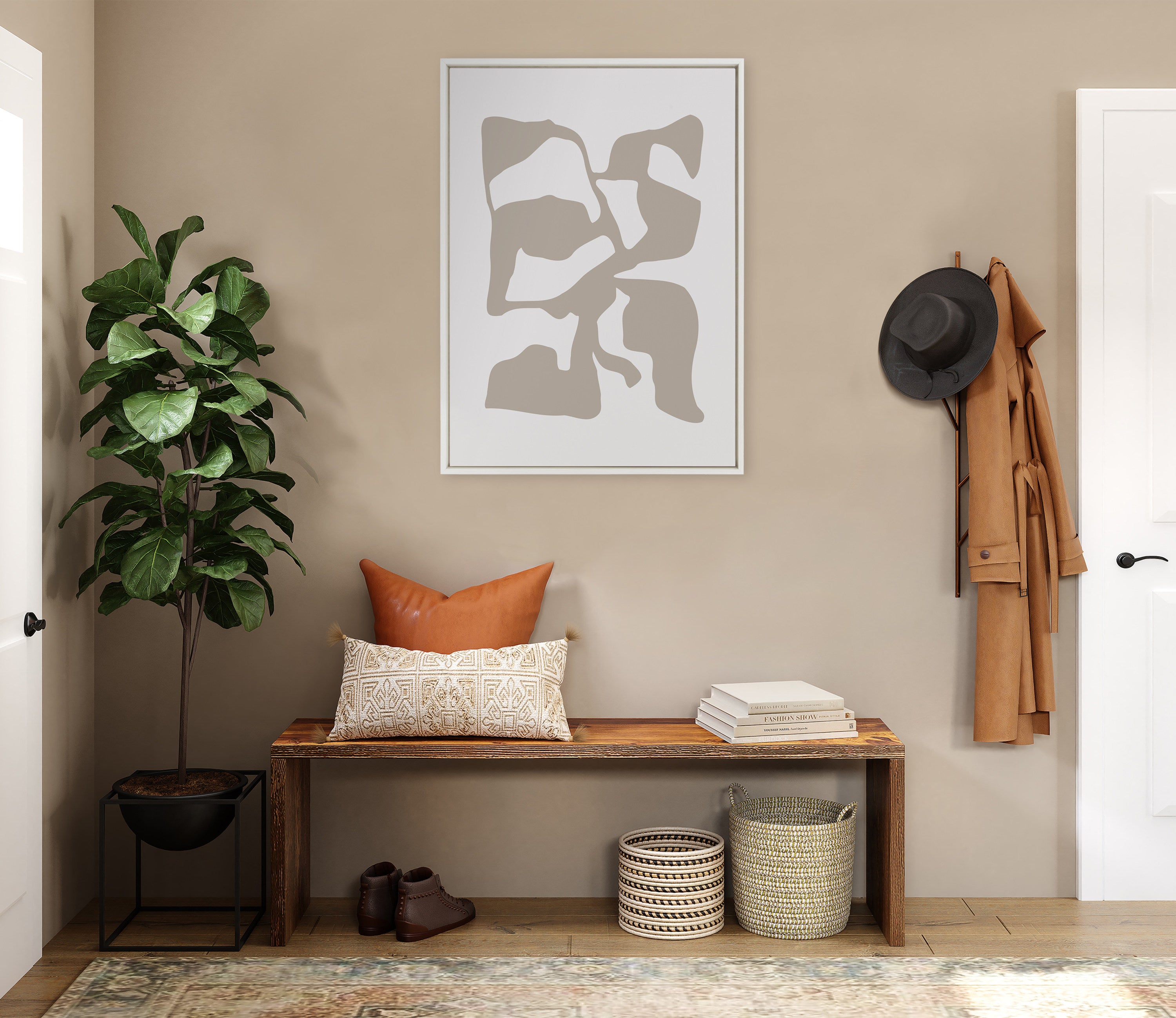 Sylvie Distorted Shapes of Tan and White Framed Canvas by The Creative Bunch Studio