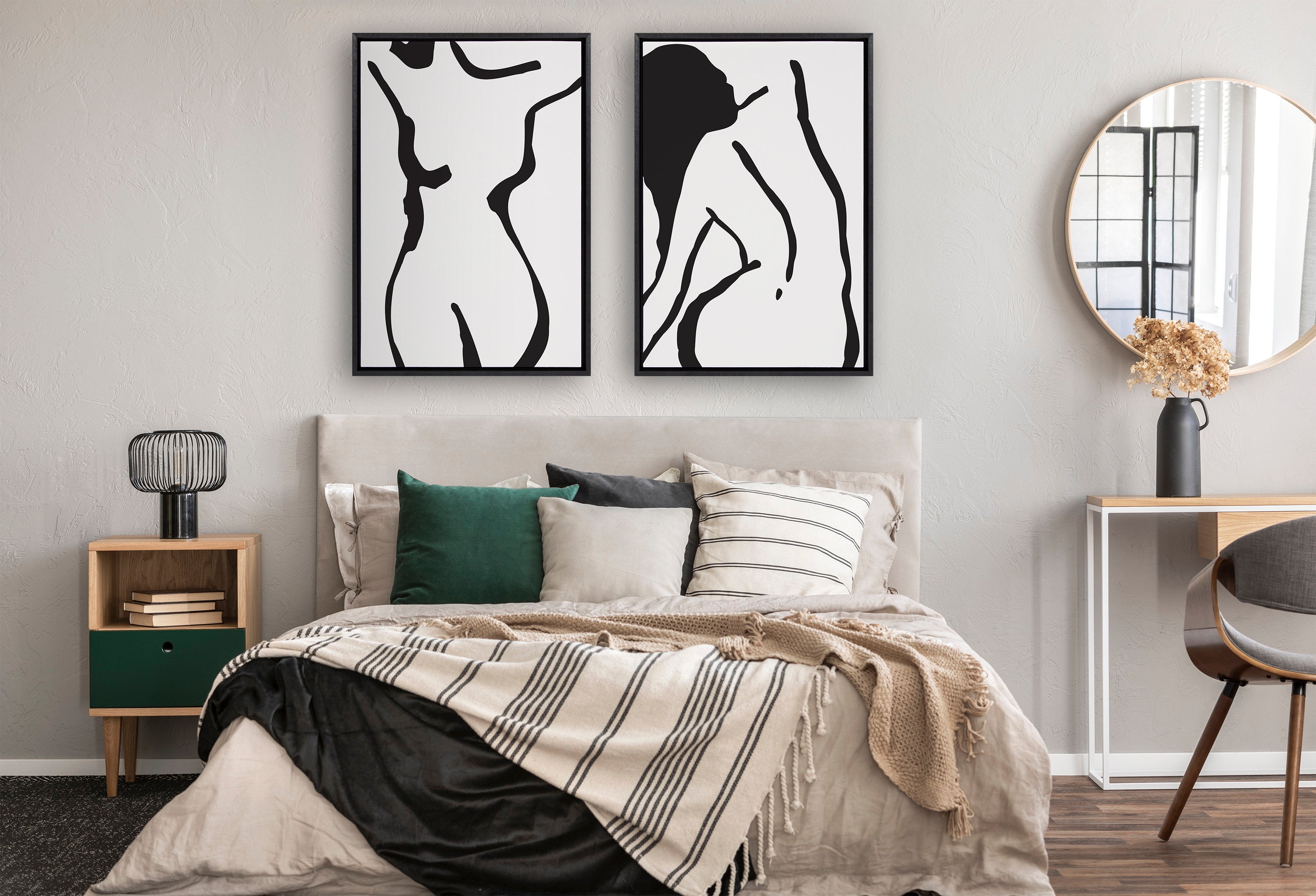Sylvie Timeless Feminine Figural Drawing 1 Black and White Framed Canvas by The Creative Bunch Studio