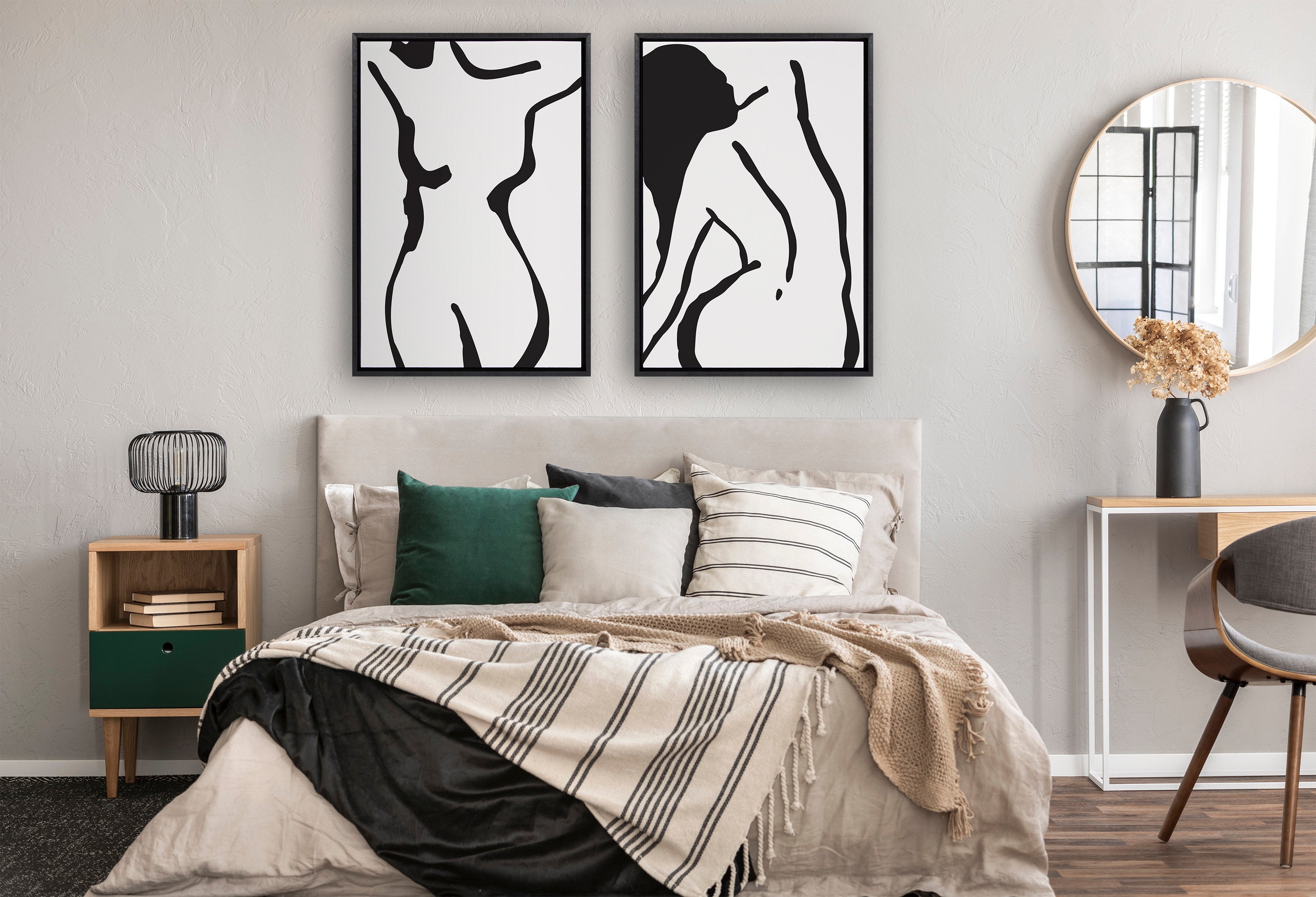 Sylvie Timeless Feminine Figural Drawing 2 Black and White Framed Canvas by The Creative Bunch Studio
