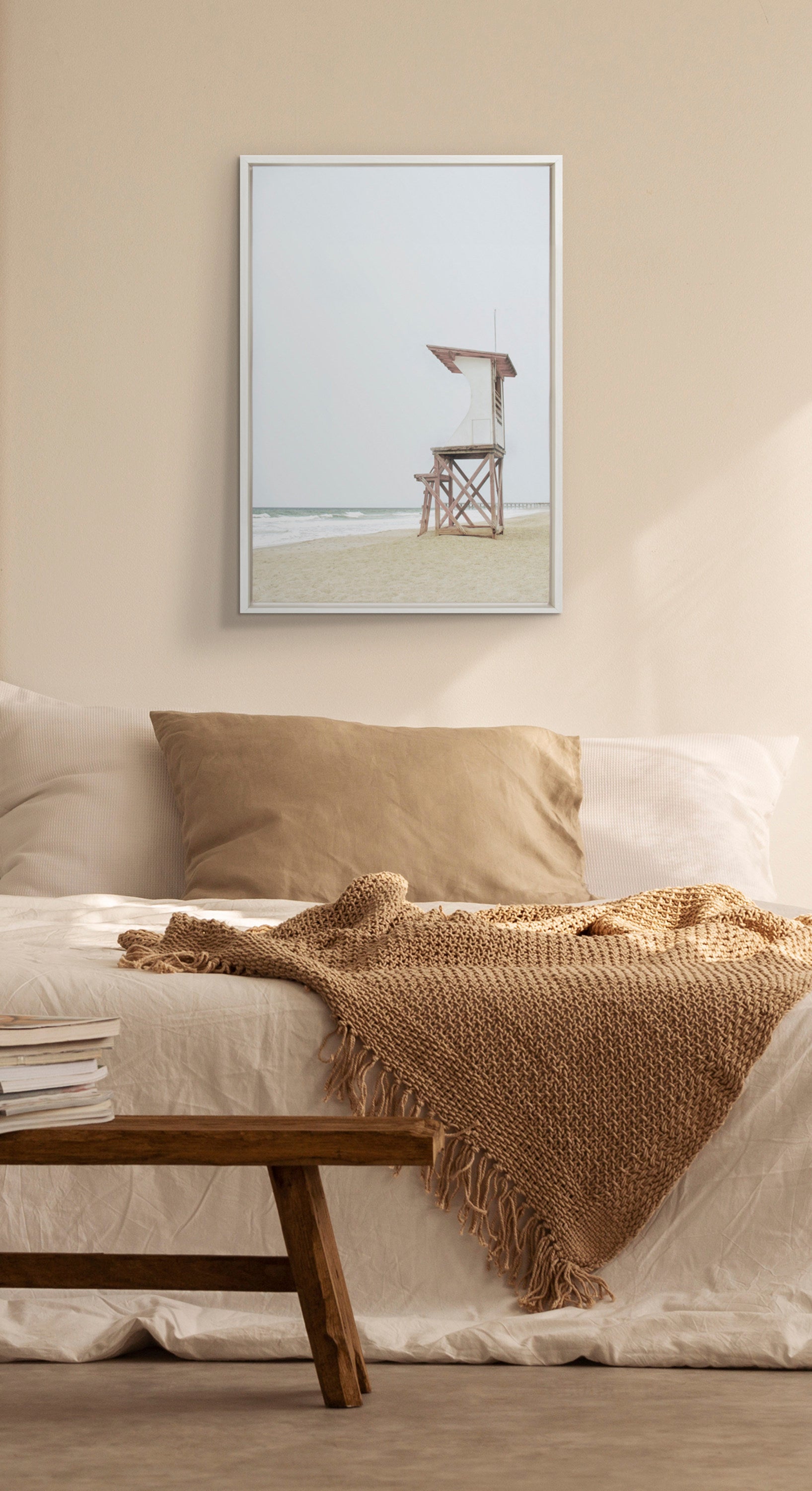 Sylvie Wood Ocean Beach Lifeguard Tower Framed Canvas by The Creative Bunch Studio