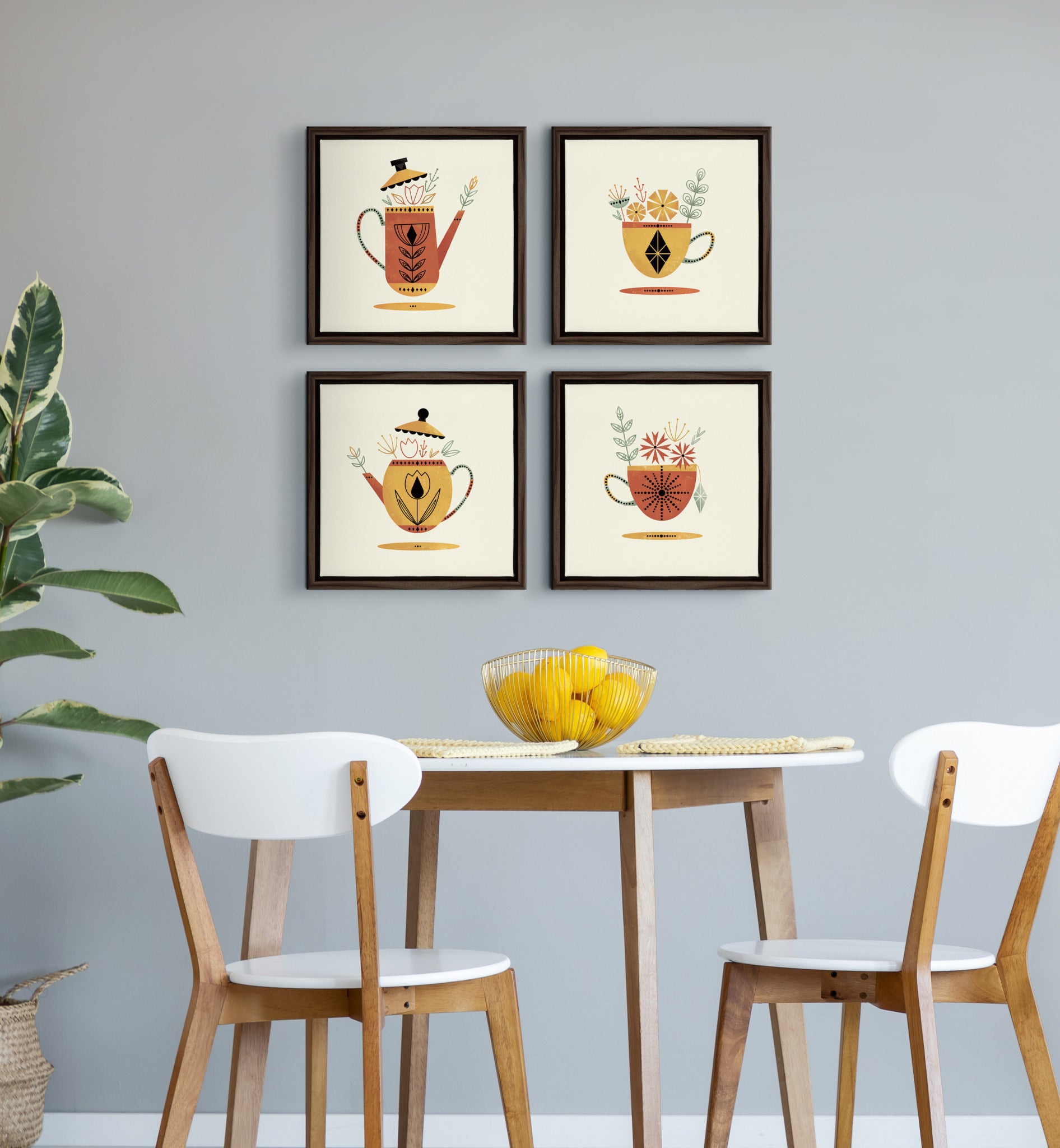 Sylvie Mid-Century Modern Tea Set Framed Canvas by Amber Leaders Designs