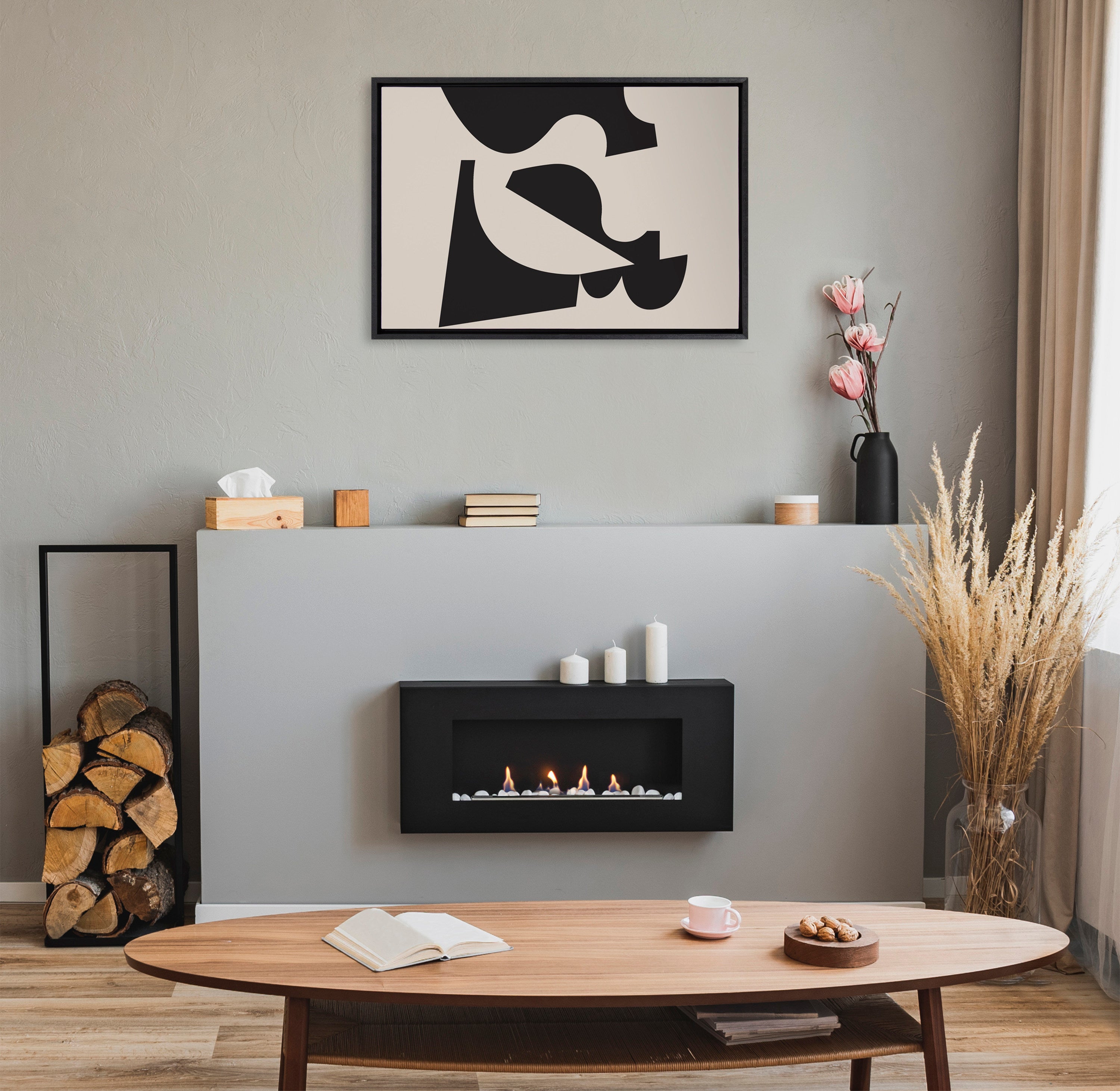 Sylvie Eye Catching Sleek Abstract 2 Black and Beige Framed Canvas by The Creative Bunch Studio