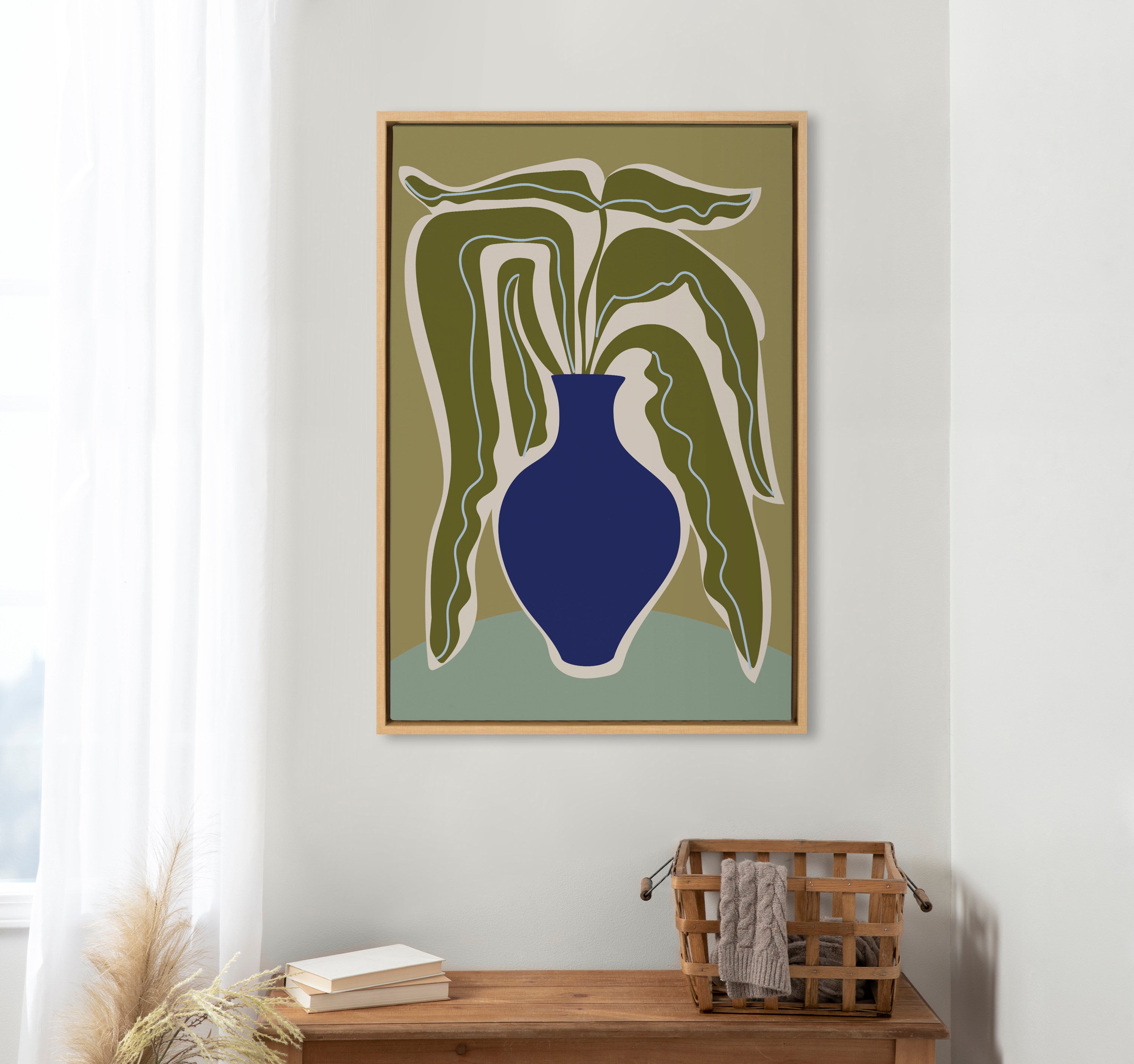 Sylvie Expressive Abstract House Plant Ink Blue Vase Framed Canvas by The Creative Bunch Studio
