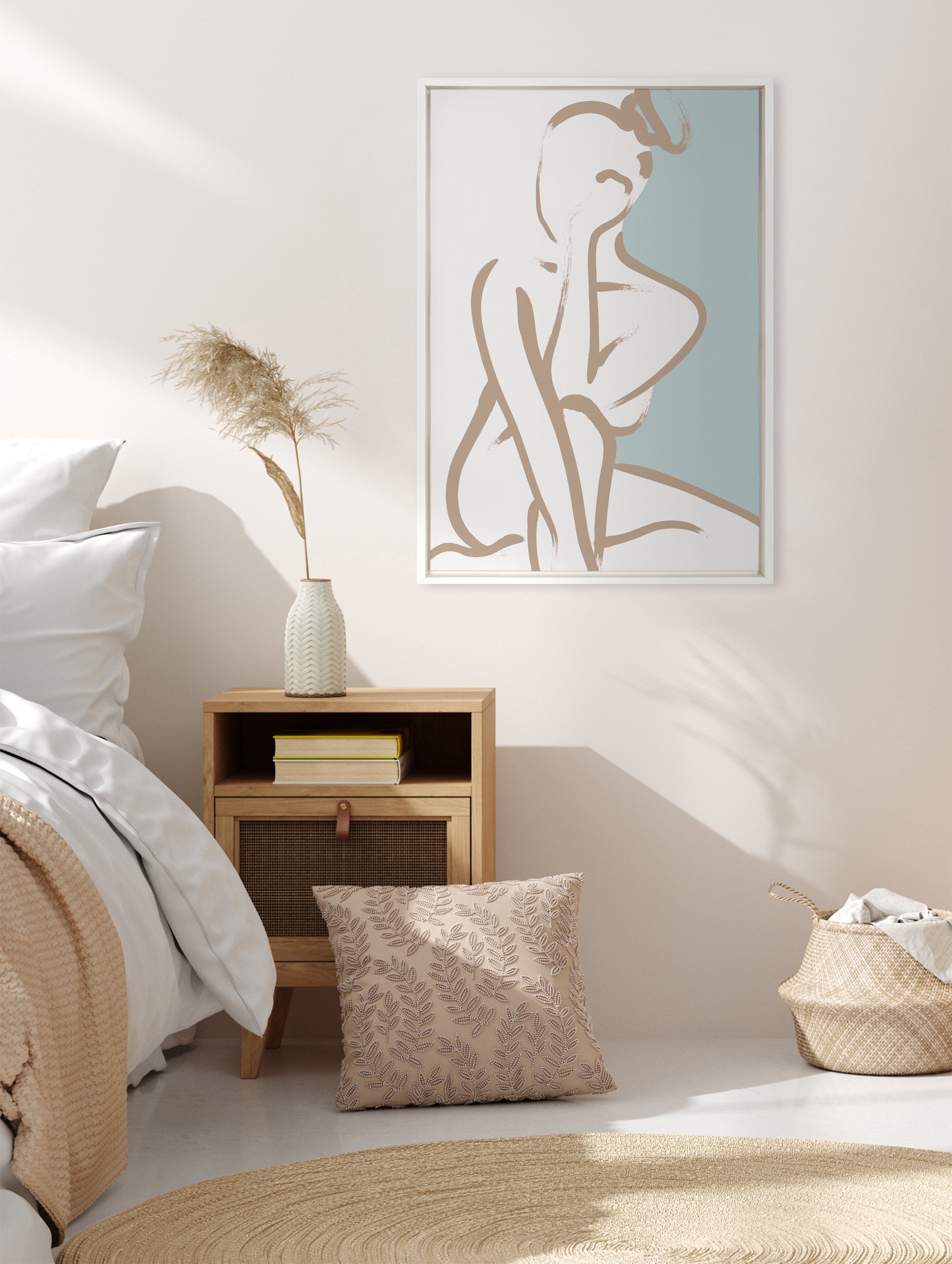 Sylvie Simple Romantic Line Art Drawing 1 Tan and Teal Framed Canvas by The Creative Bunch Studio