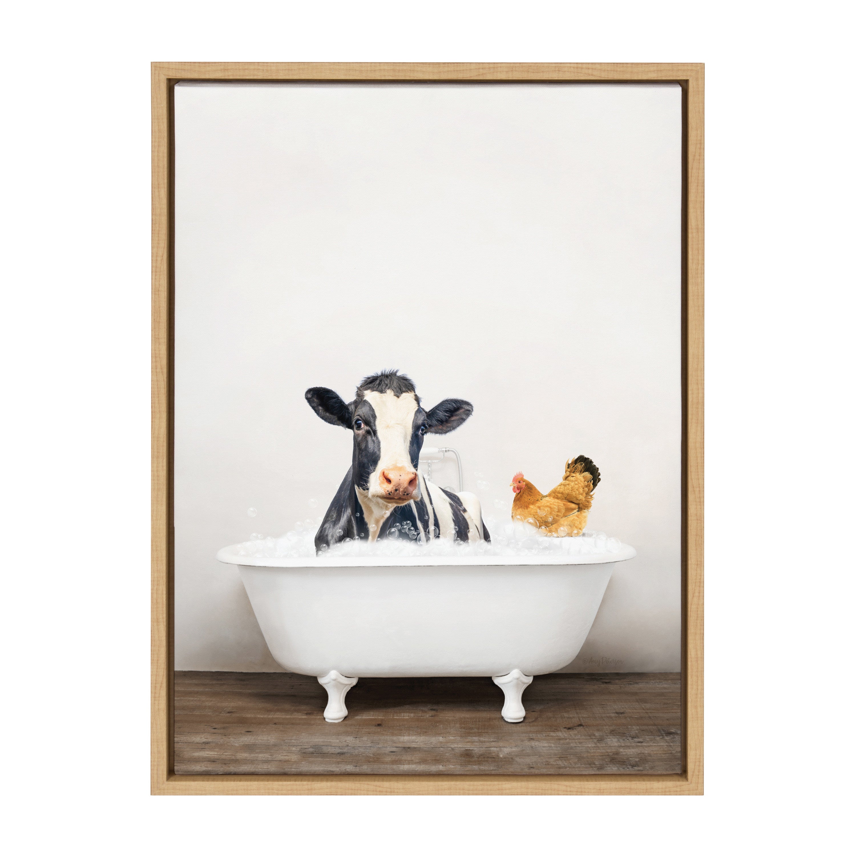 Sylvie Cow and Chicken in Rustic Bath Framed Canvas by Amy Peterson Art Studio