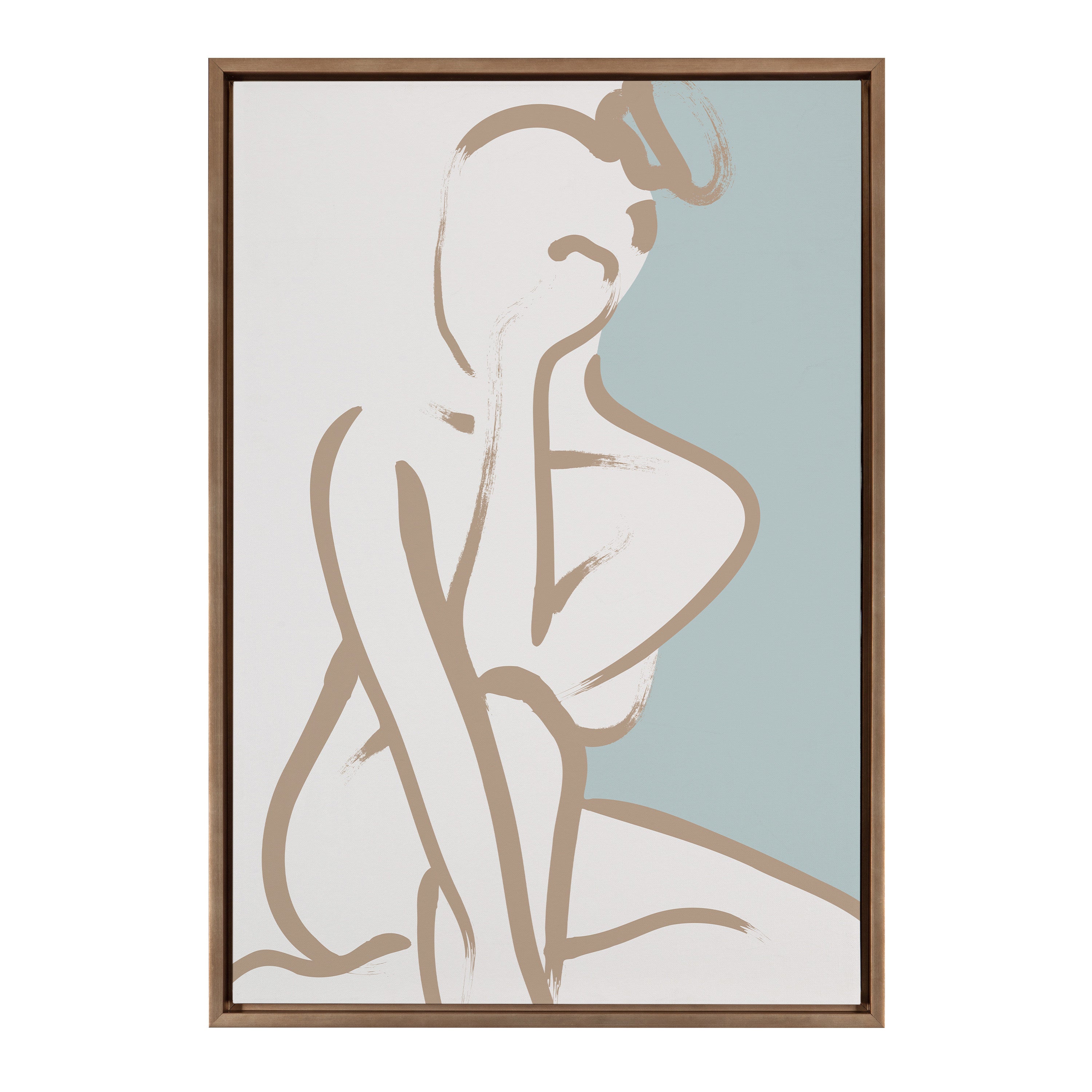 Sylvie Simple Romantic Line Art Drawing 1 Tan and Teal Framed Canvas by The Creative Bunch Studio