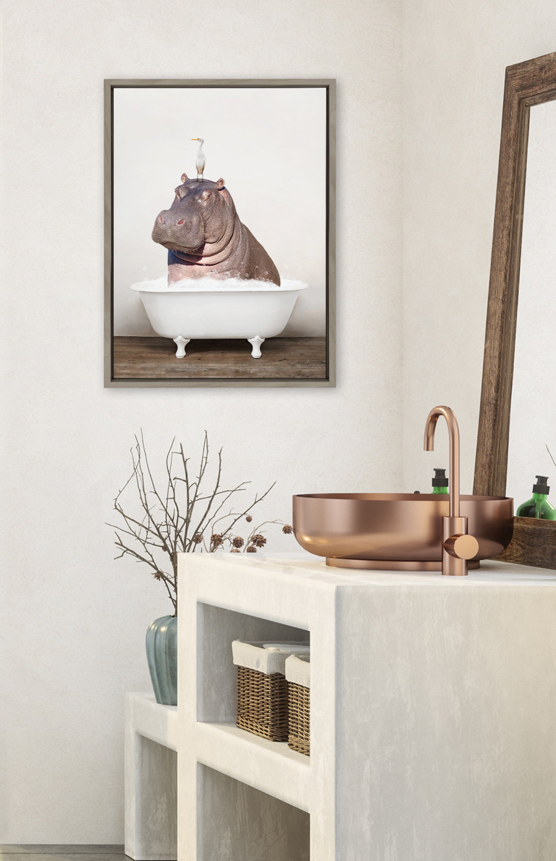 Sylvie Hippo and Bird in Rustic Bath Framed Canvas by Amy Peterson Art Studio
