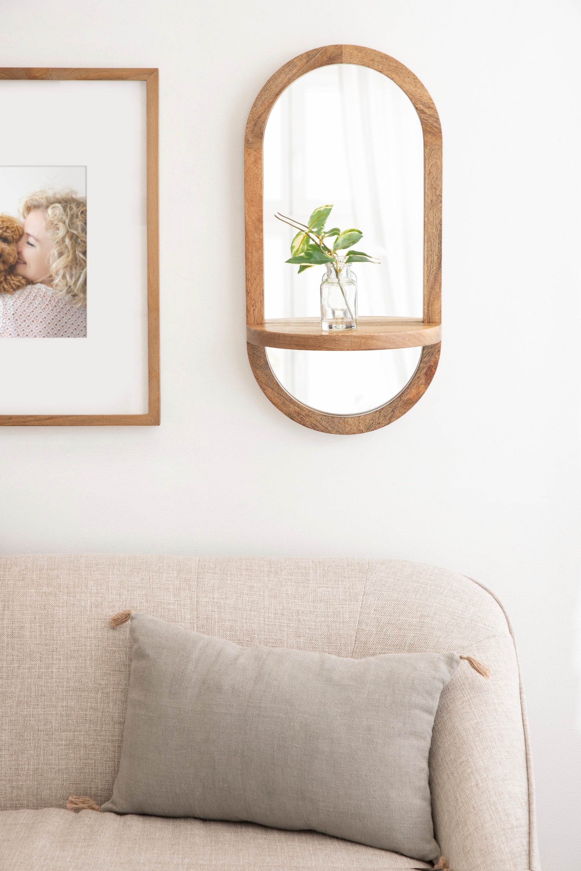 Hutton Wood Framed Capsule Mirror with Shelf