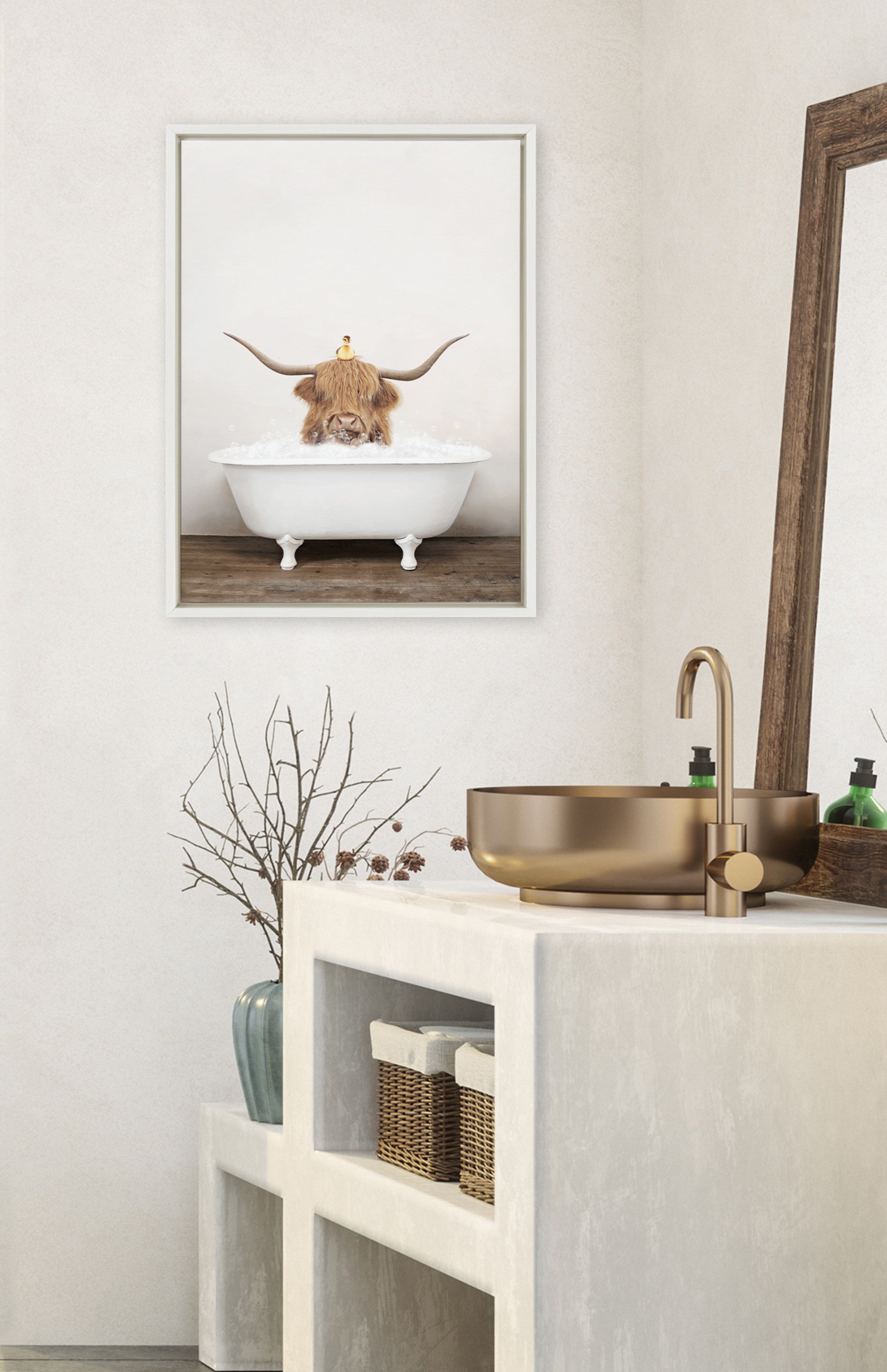 Sylvie Highland Cow and Duckling in Rustic Bath Framed Canvas by Amy Peterson Art Studio