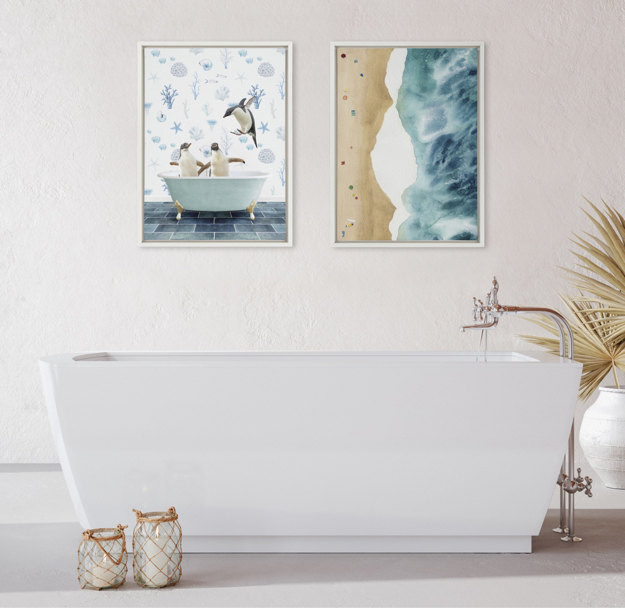 Sylvie Penguins In Under the Sea Bath Framed Canvas by Amy Peterson Art Studio