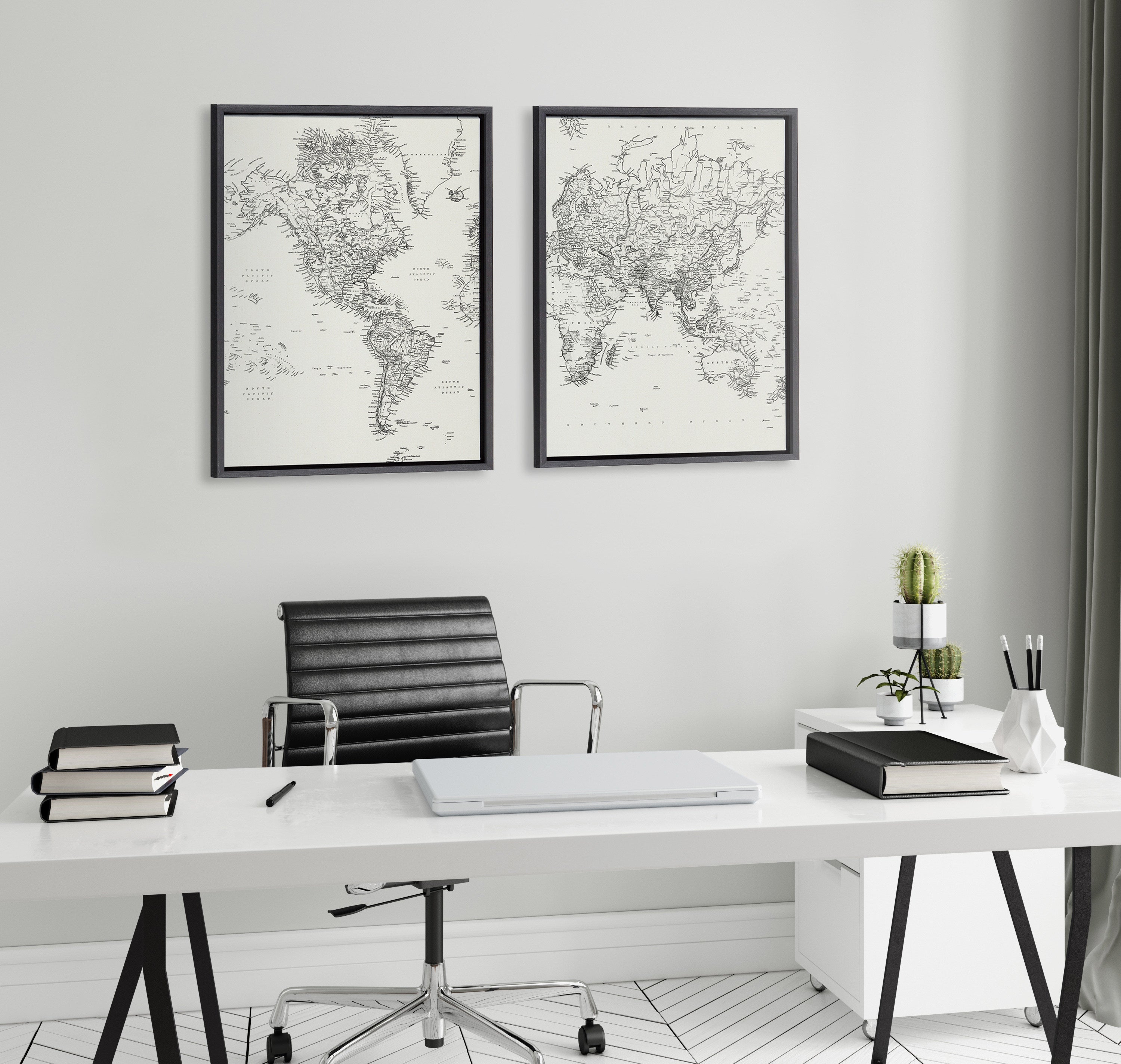 Sylvie Vintage Black and White World Map Framed Canvas Set by The Creative Bunch Studio