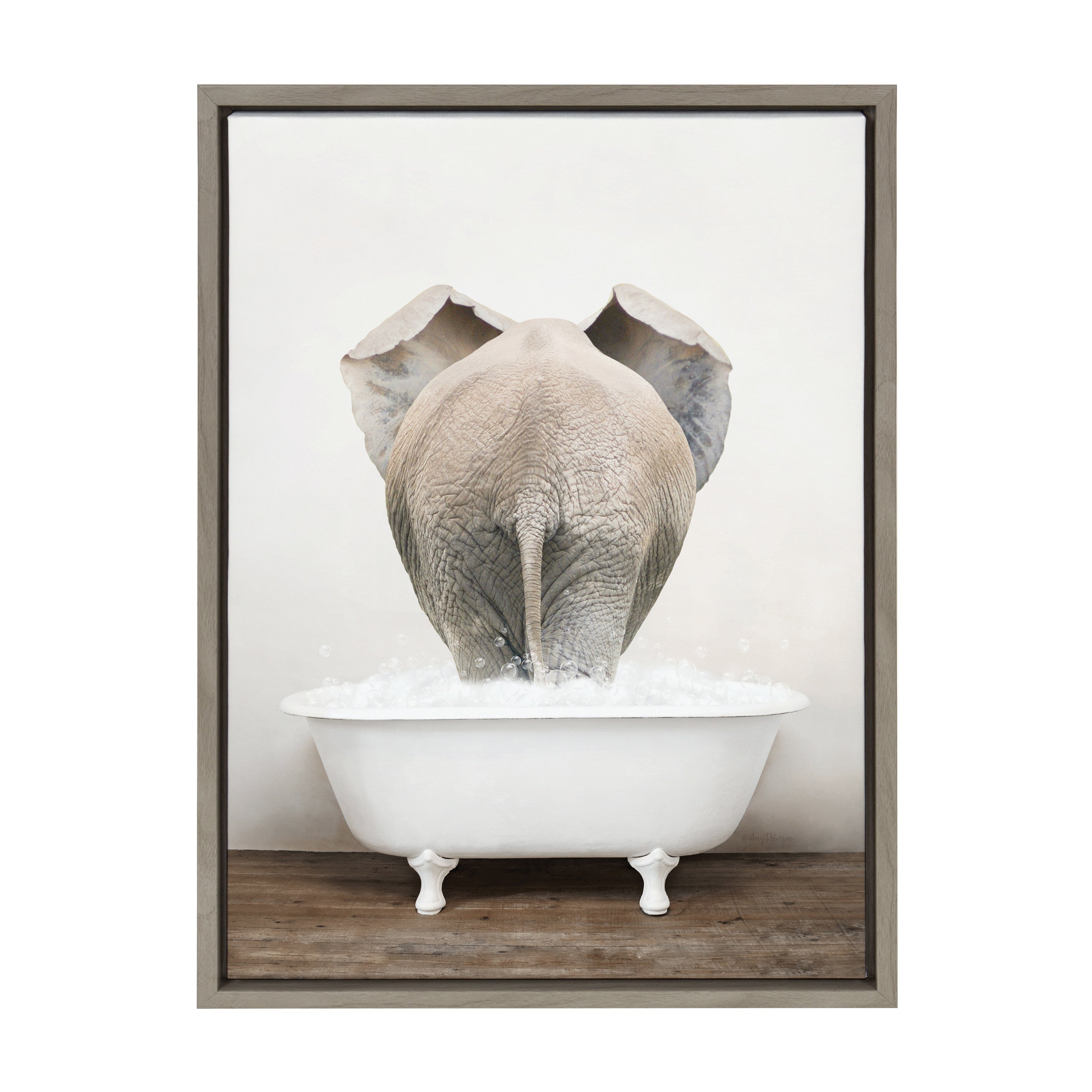 Sylvie Elephant Back in Rustic Bath Framed Canvas by Amy Peterson Art Studio
