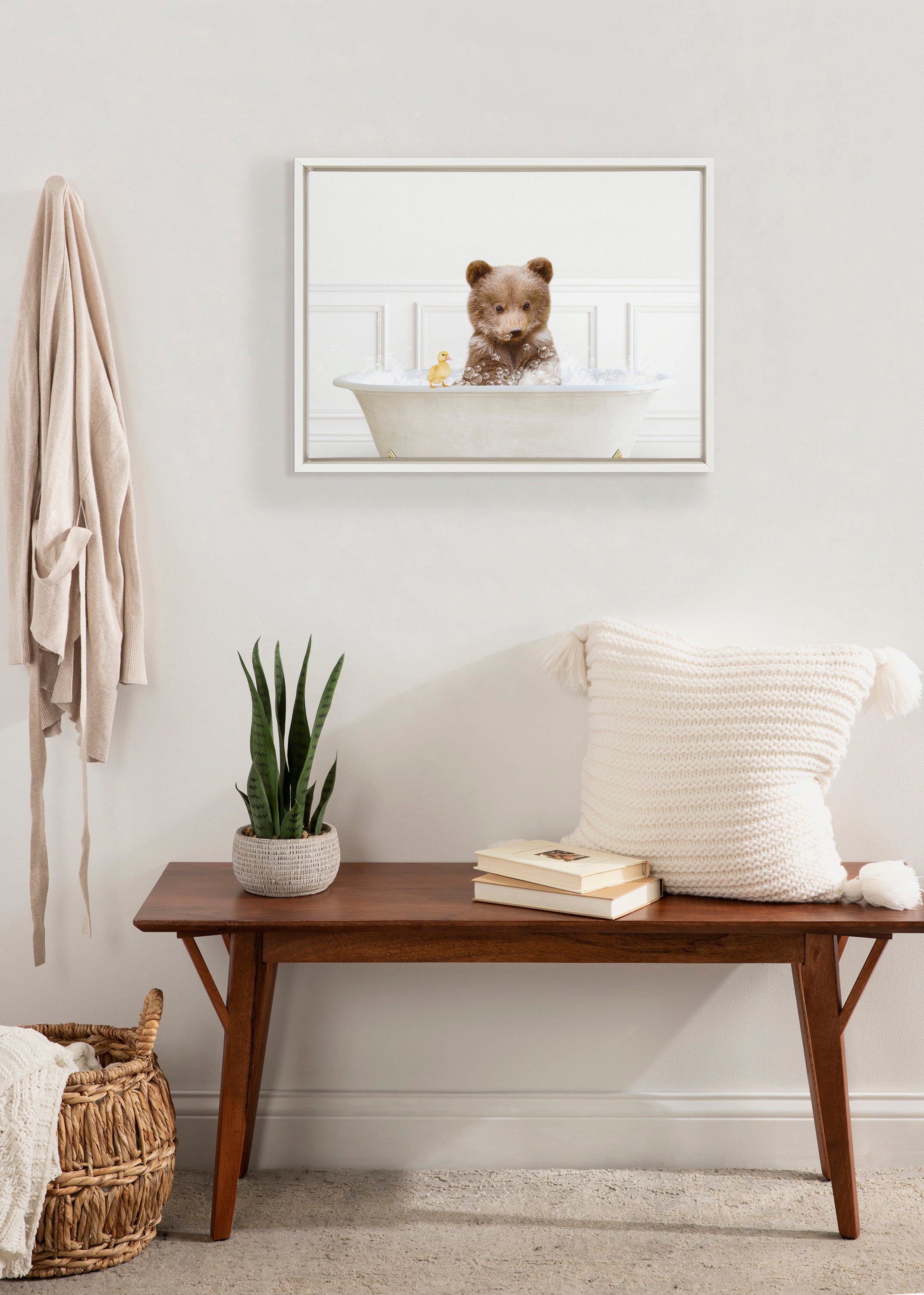 Sylvie Bear Cub In Bubble Bath Neutral Style Framed Canvas by Amy Peterson Art Studio