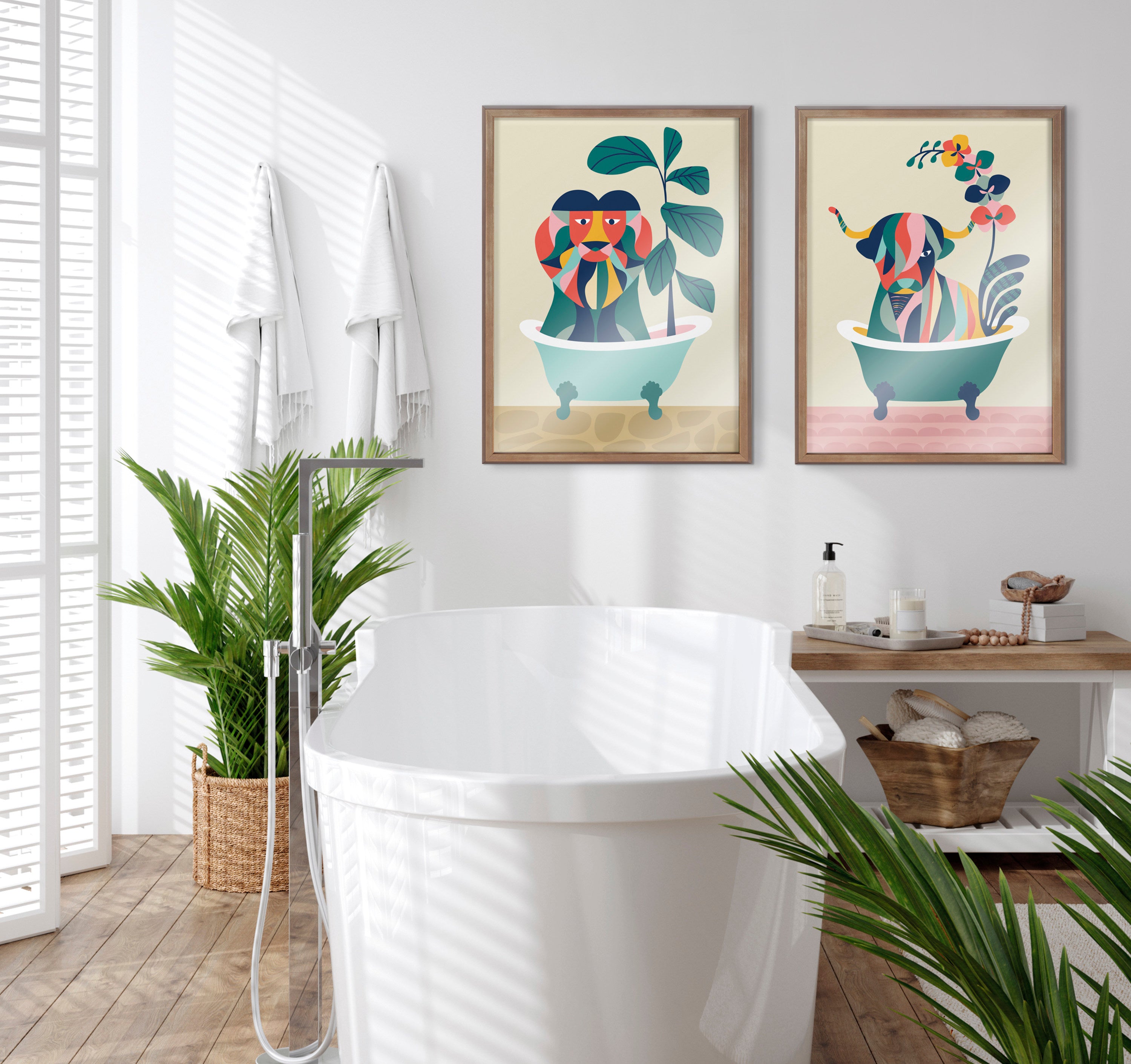 Blake Mid Century Modern Lion in Bathtub Framed Printed Glass by Rachel Lee of My Dream Wall