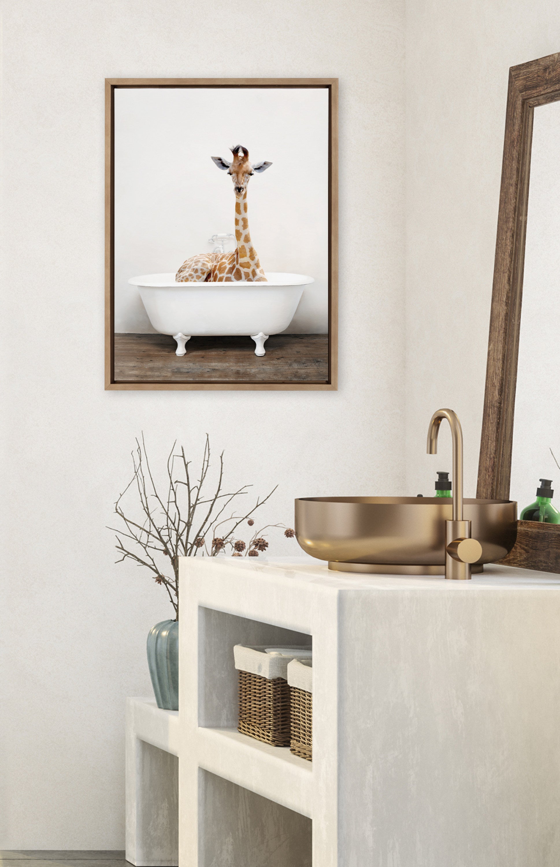 Sylvie Giraffe 2 in the Tub Color Framed Canvas by Amy Peterson Art Studio