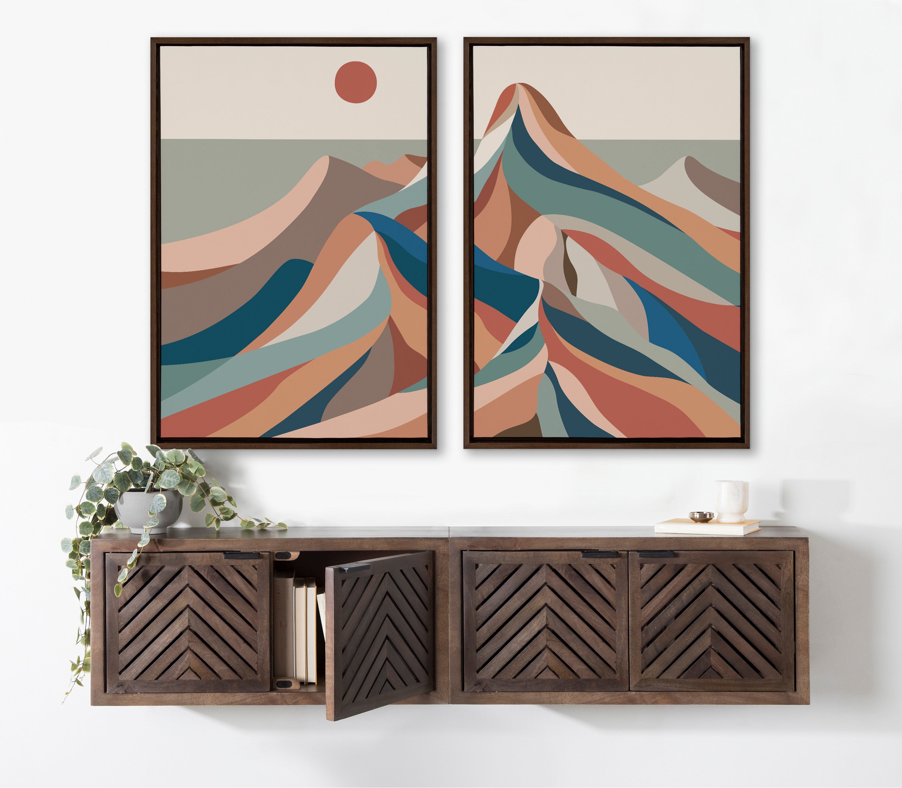 Sylvie Mid Century Modern Mountains Blue Framed Canvas Set by Rachel Lee of My Dream Wall