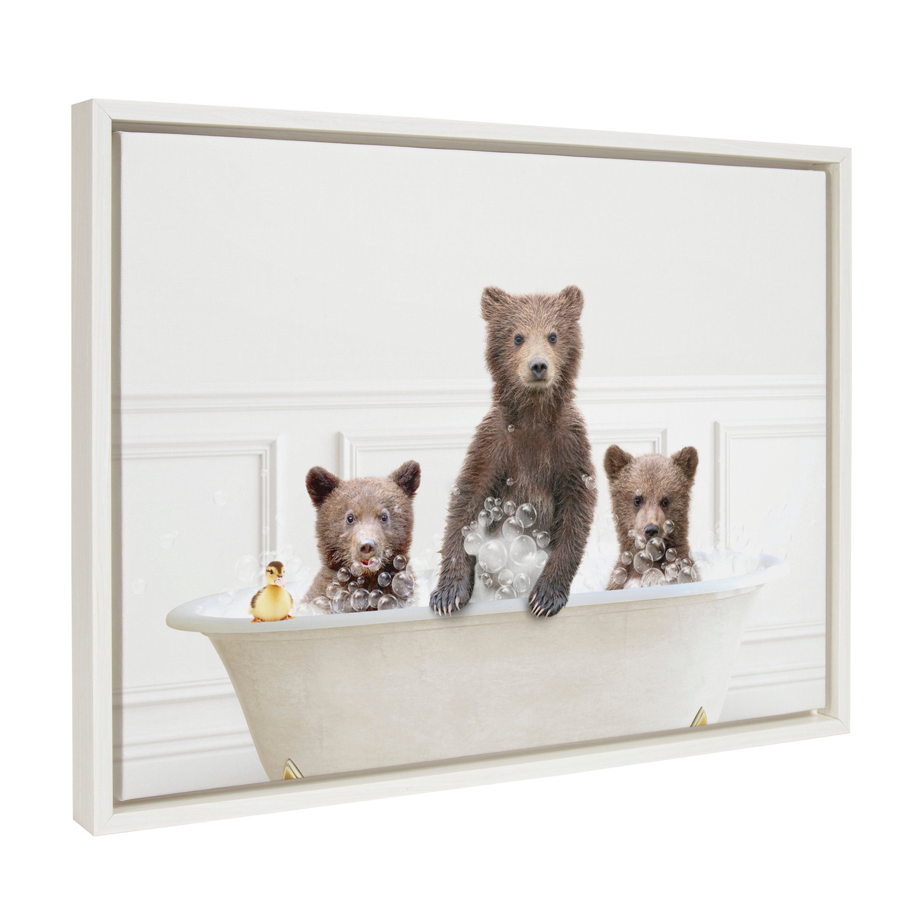 Sylvie Three bears In Bubble Bath Neutral Style Framed Canvas by Amy Peterson Art Studio