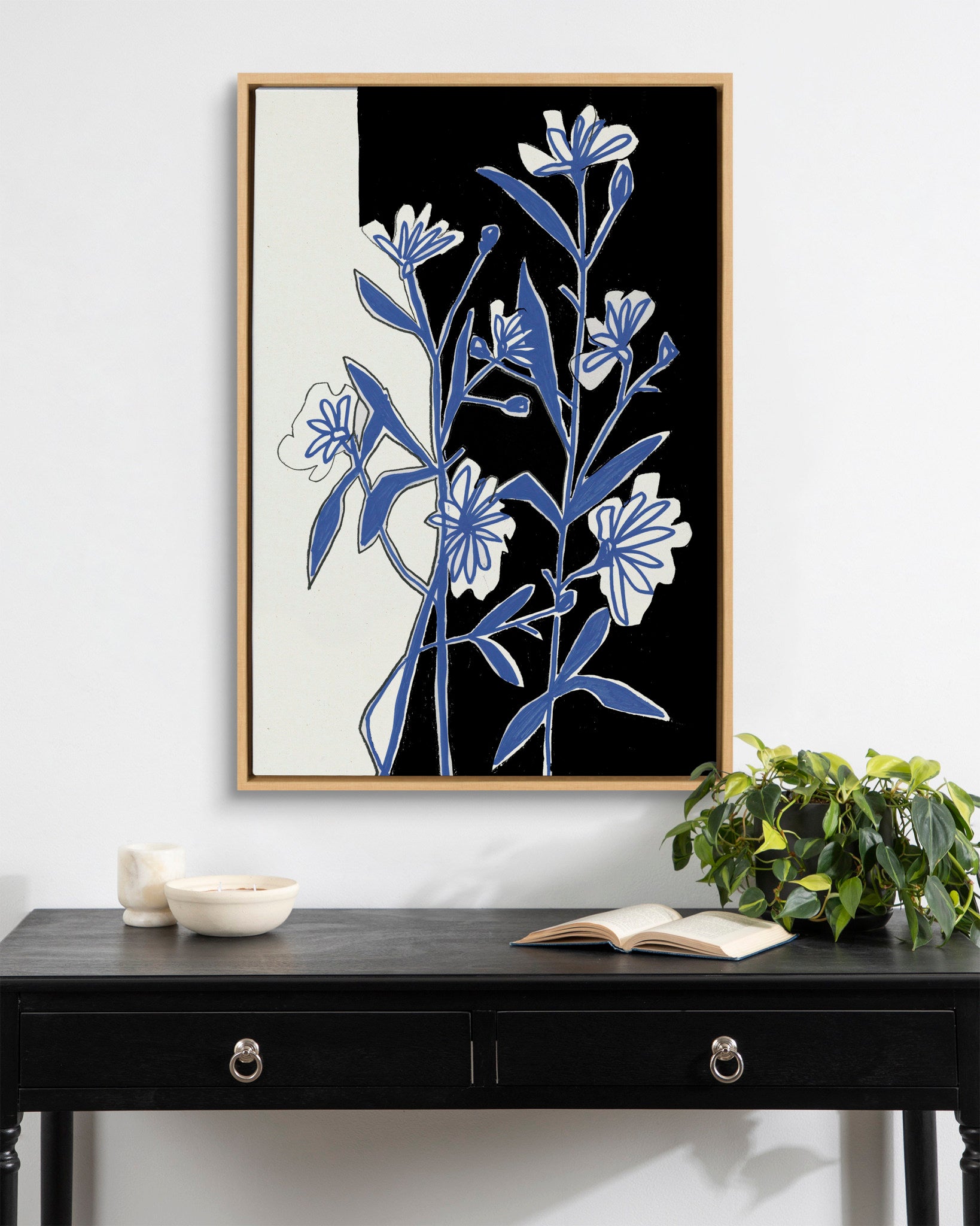Sylvie 679 Black White and Blue Floral Framed Canvas by Teju Reval of SnazzyHues