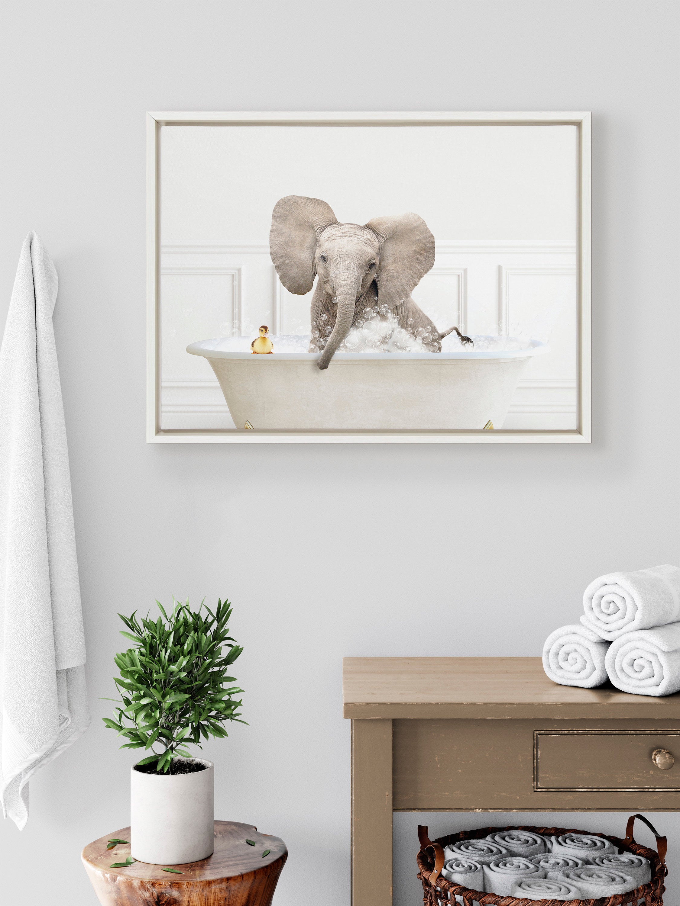 Sylvie Baby Elephant No4 In Bubble Bath Neutral Style Framed Canvas by Amy Peterson Art Studio